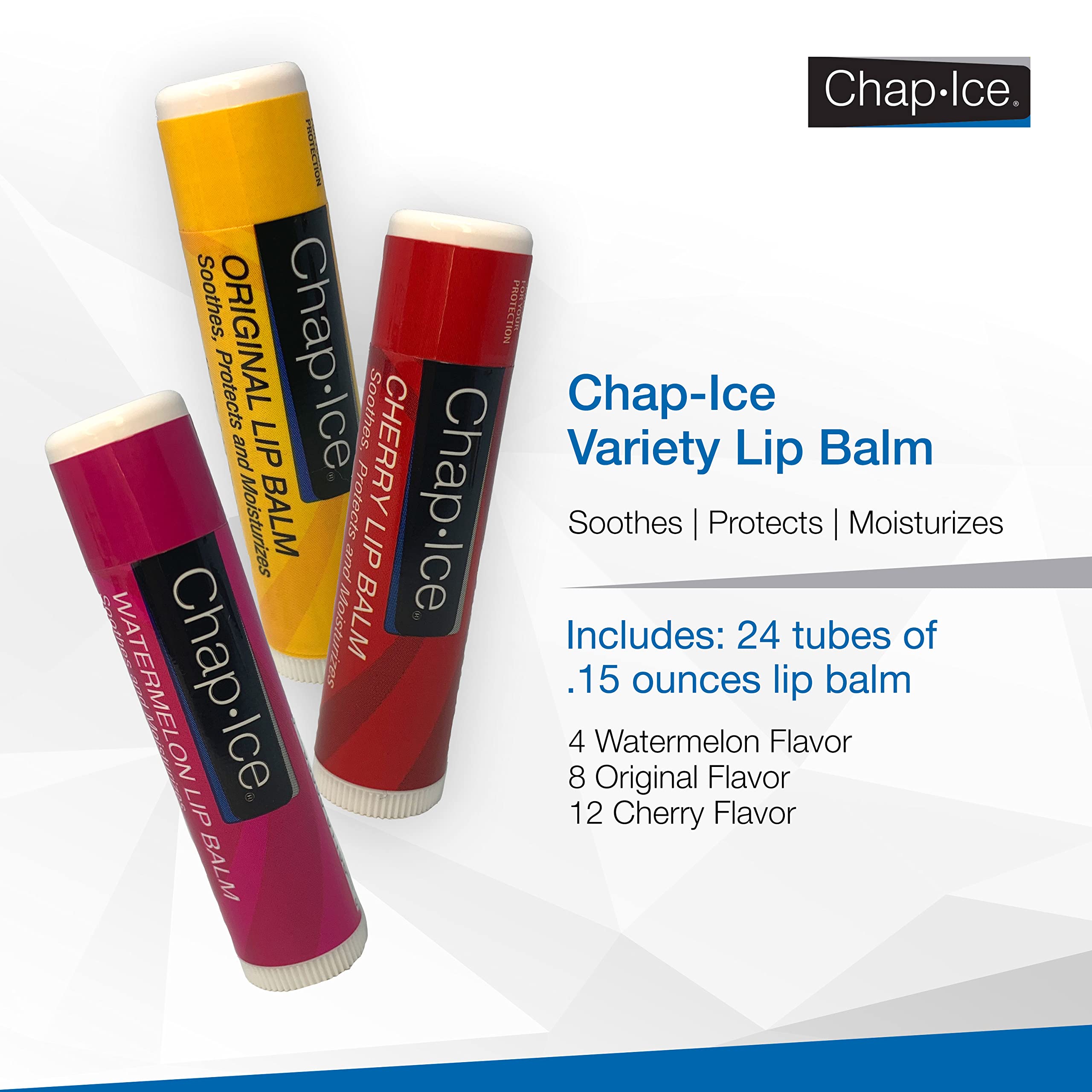 Chap-Ice Assorted Lip Balm 24-Count Pack - Watermelon, Original & Cherry Flavors - Moisturizing Lip Care for Dry Lips - Perfect for School, Travel, and Winter Protection