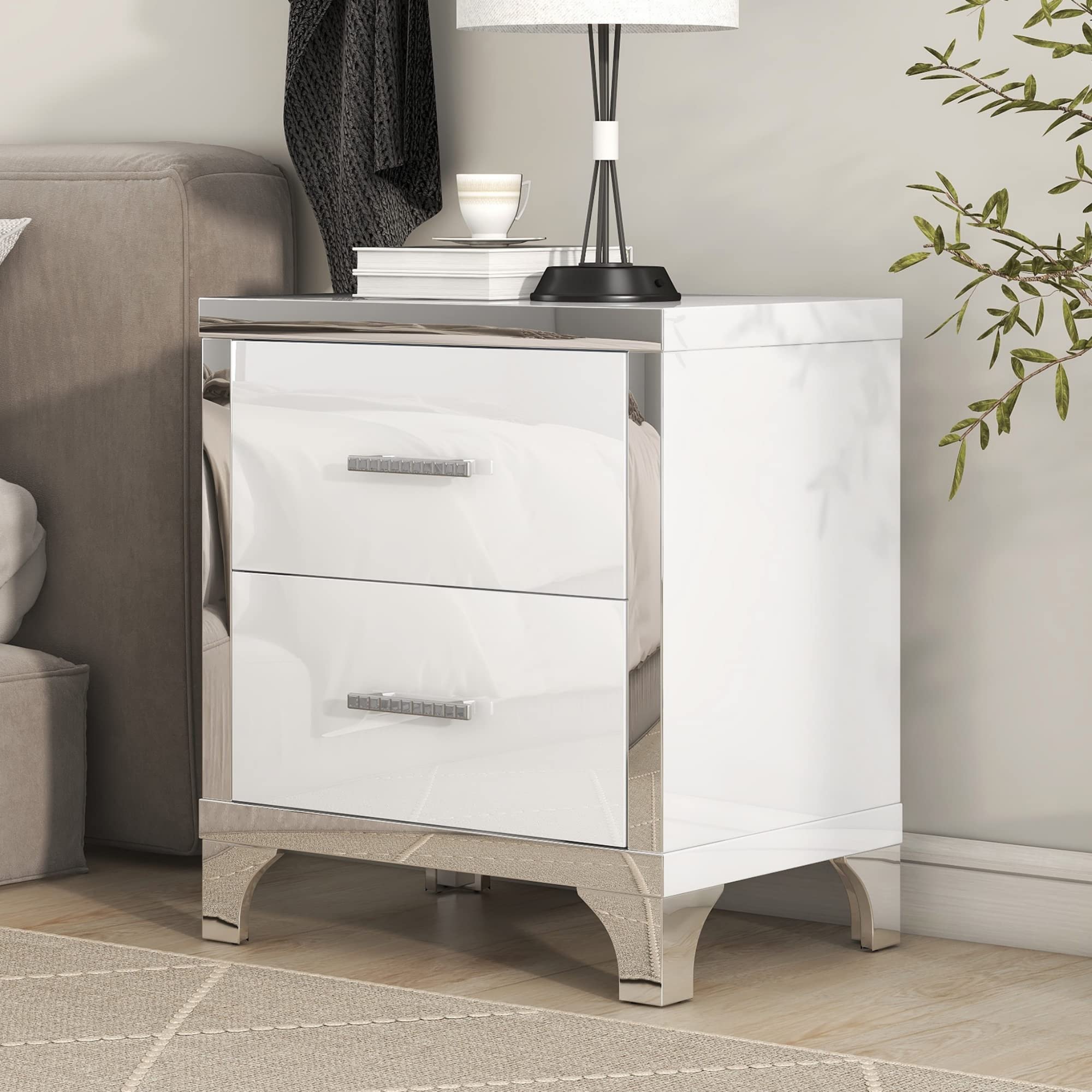 Flieks 4-Piece Queen Size Bedroom Set - Upholstered Bed with 3 Drawers, High Gloss Mirrored Nightstands & Dresser with Metal Handles & Legs in Beige | Modern Bedroom Furniture for Master Bedroom, Guest Room & Apartment Decor