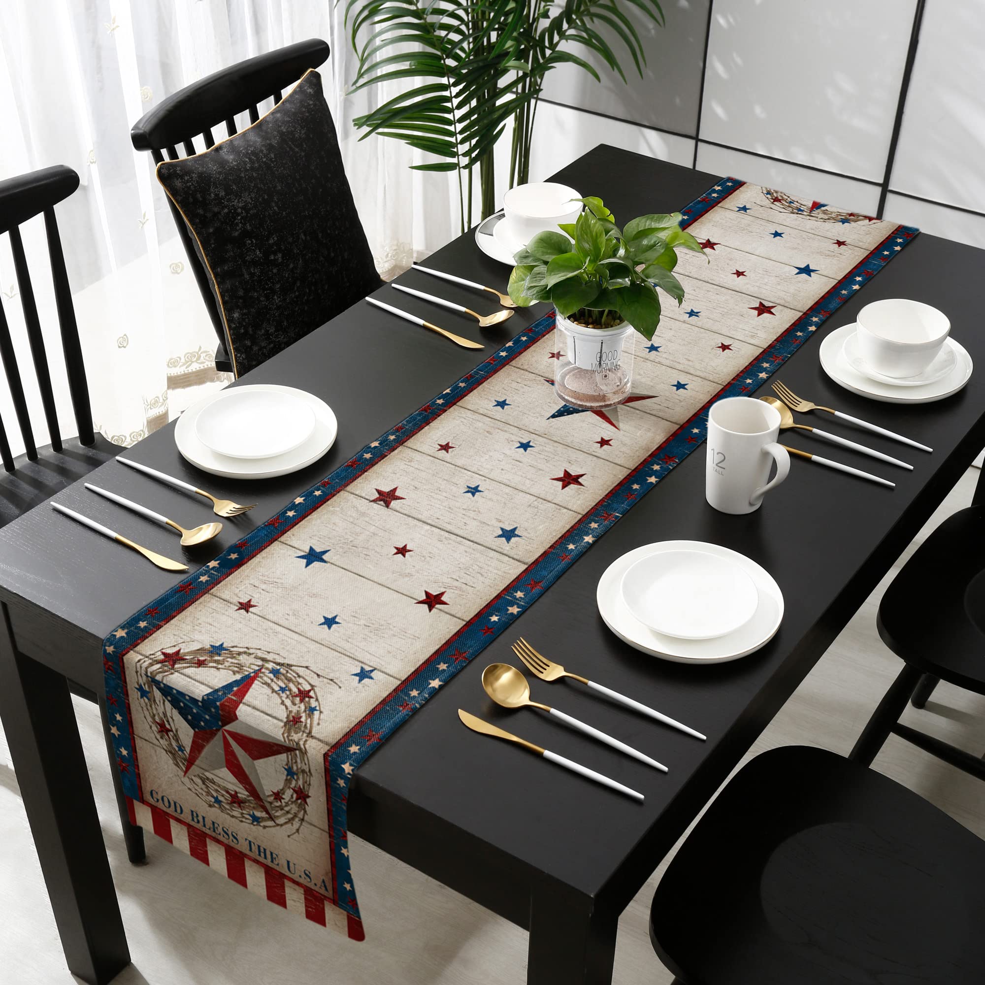 4th of July Patriotic Stars Table Runner 120 Inches Long - Farmhouse Rustic Cotton Linen Tablecloth for Wedding, Party & Home Decor - Perfect for Dining Tables, Coffee Tables & Dressers - USA Independence Day Celebration Decor