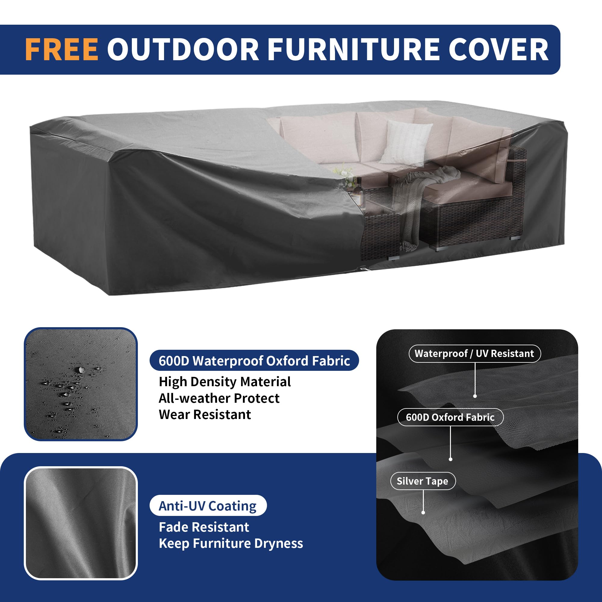 7-Piece Outdoor Patio Furniture Set with Waterproof Cover - All-Weather Wicker Sectional Sofa for Backyard, Brown with Beige Cushions - Perfect for Garden, Poolside & Outdoor Entertaining