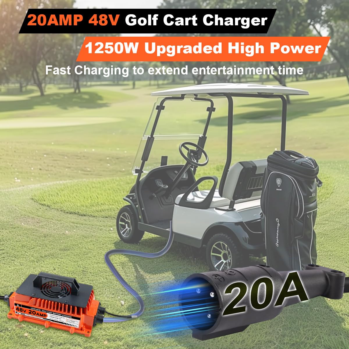 48V 20 AMP Golf Cart Battery Charger for Club Car - 1250W Lead-Acid Charger with 3-Pin Round Plug | Fast Charging for Golf Carts, Electric Vehicles & Outdoor Power Equipment