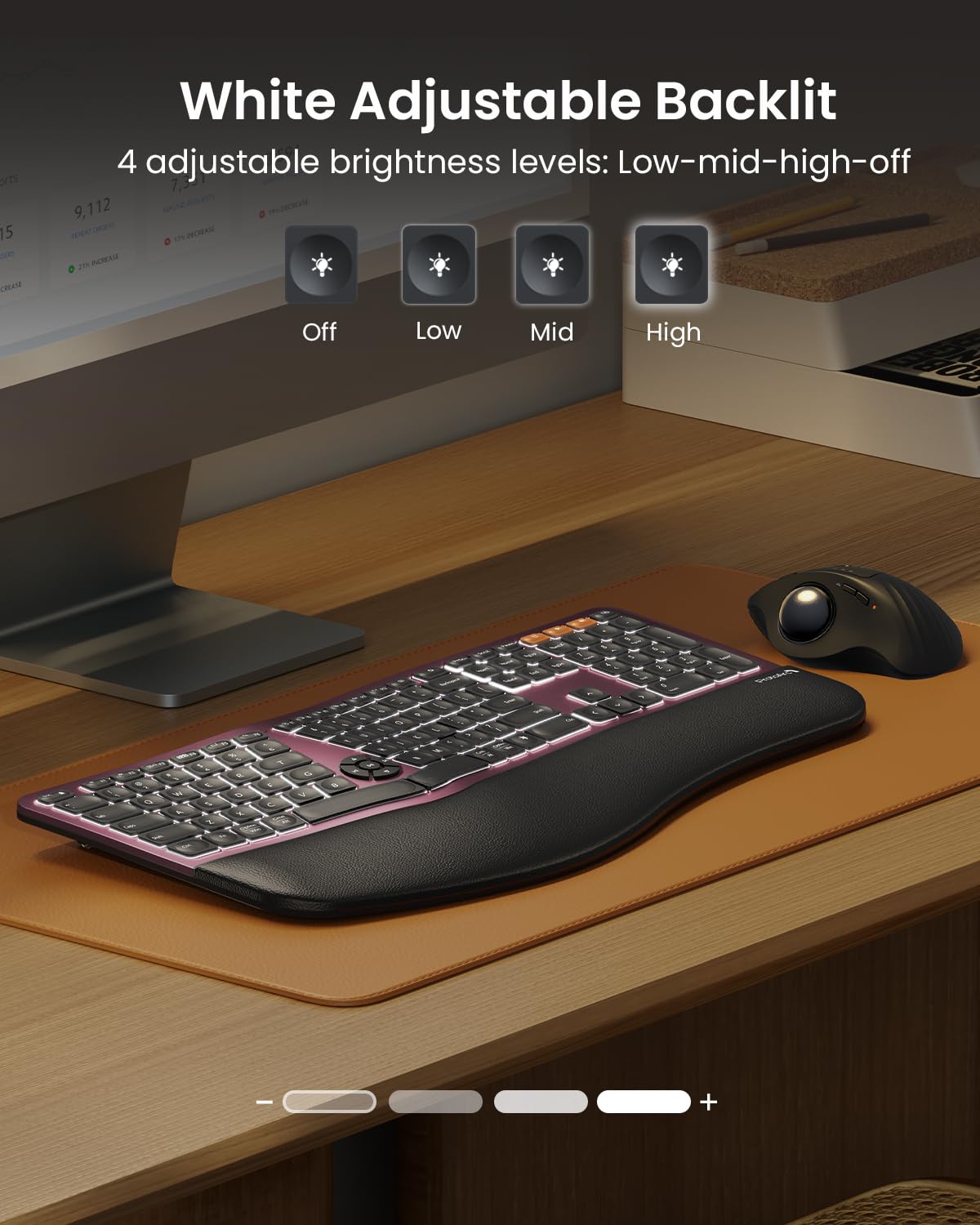 ProtoArc EK01 Plus Wireless Ergonomic Split Keyboard - Backlit Bluetooth Keyboard with Dual Connectivity (Bluetooth/USB), Rechargeable Battery, Cushioned Wrist Rest - Compatible with Windows & Mac (Wine Red) - Perfect for Office Work, Gaming & Long Typing Sessions