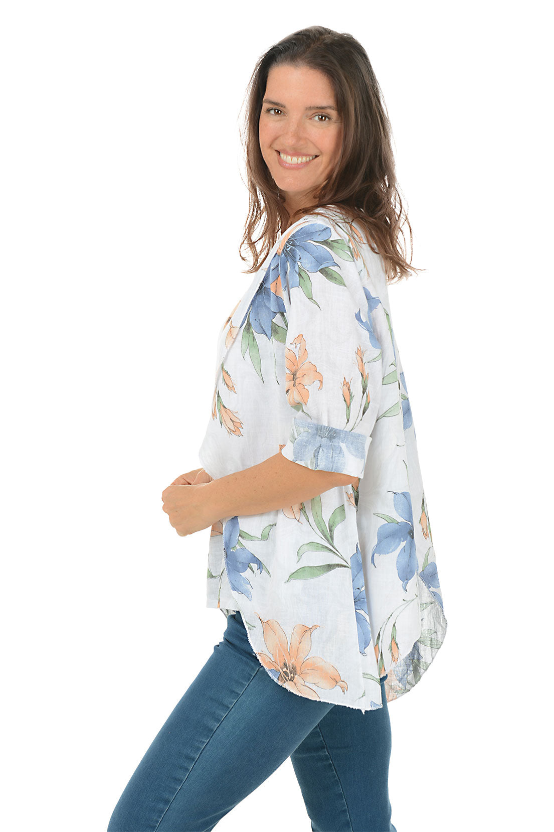 Elegant White Floral Print Asymmetrical Linen Blouse for Women - Perfect for Summer Outfits, Office Wear & Casual Chic Style
