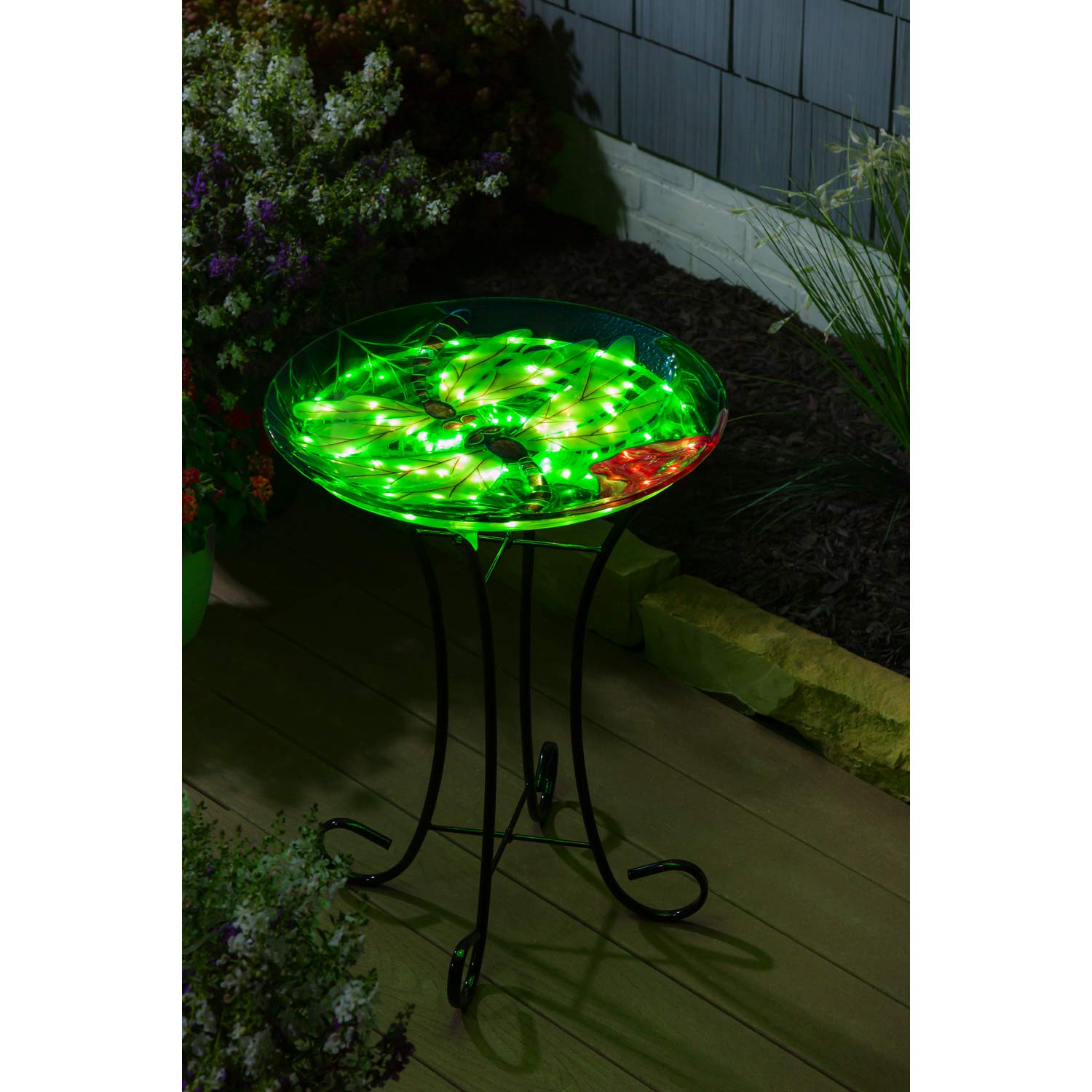 Evergreen Garden Dragonfly Duo Solar Glass Bird Bath - 18 x 2 x 18 Inches, 64oz Capacity | Outdoor Garden Decor for Patio, Lawn & Backyard | Solar-Powered Bird Feeder & Water Dish for Wild Birds | Perfect for Bird Watching & Garden Decoration