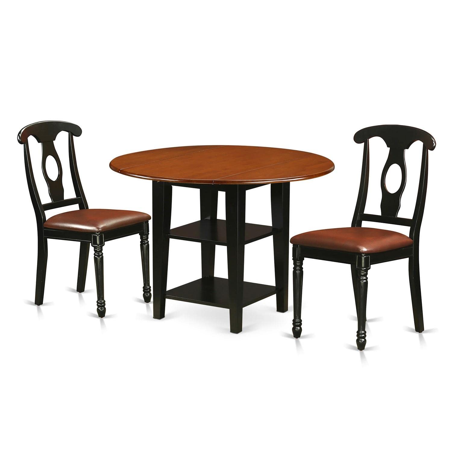 East West Furniture SUKE3-BCH-LC 3-Piece Round Dining Table Set with Drop Leaf & Storage Shelves + 2 Faux Leather Chairs, 42x42 Inch, Black Cherry - Perfect for Small Spaces, Breakfast Nooks & Compact Apartments