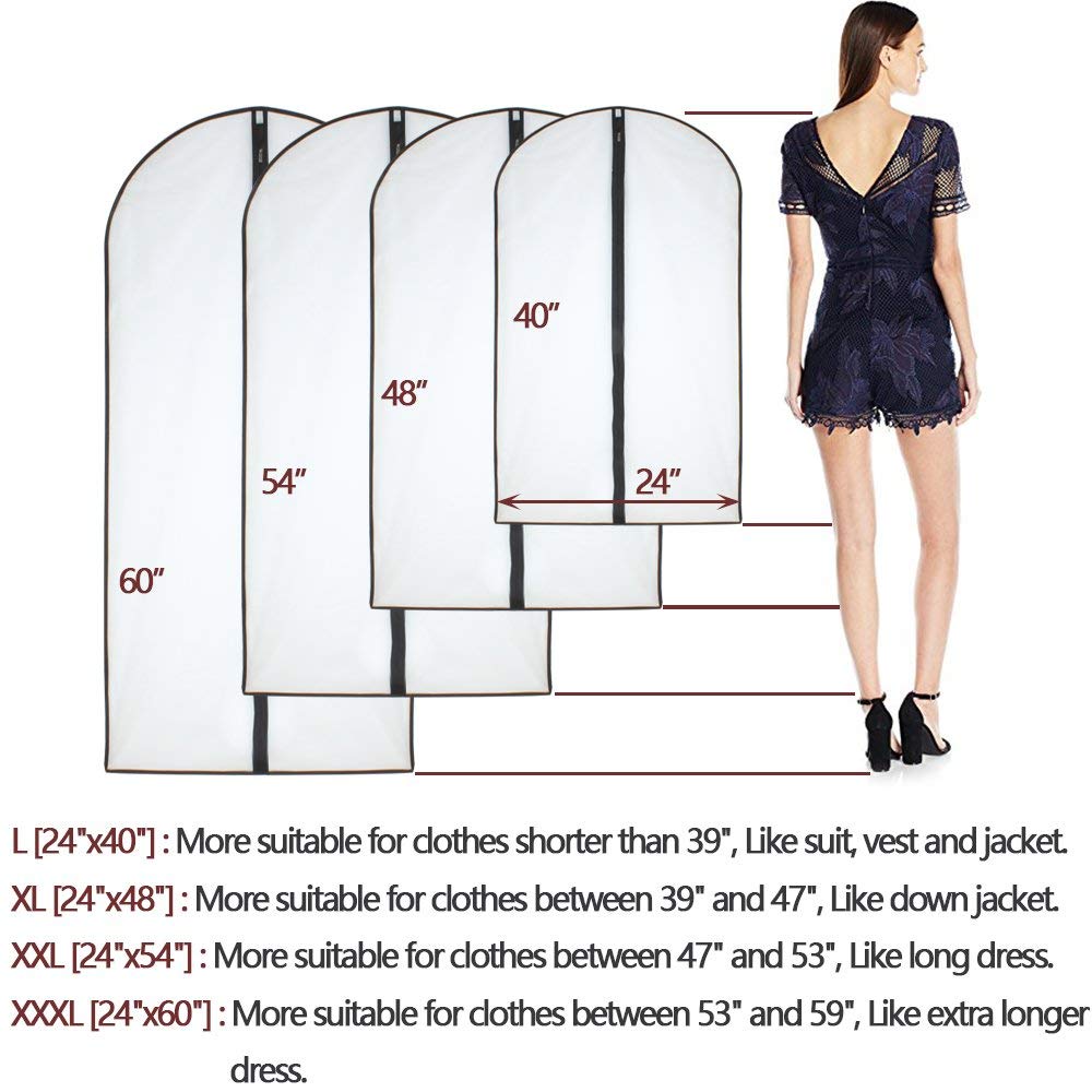 Breathable Black Garment Bags for Suits & Clothes Storage (Set of 6) - 24'' x 48'' Clear Full Zipper Hanging Clothes Covers | Perfect for Travel, Dry Cleaning & Wardrobe Organization