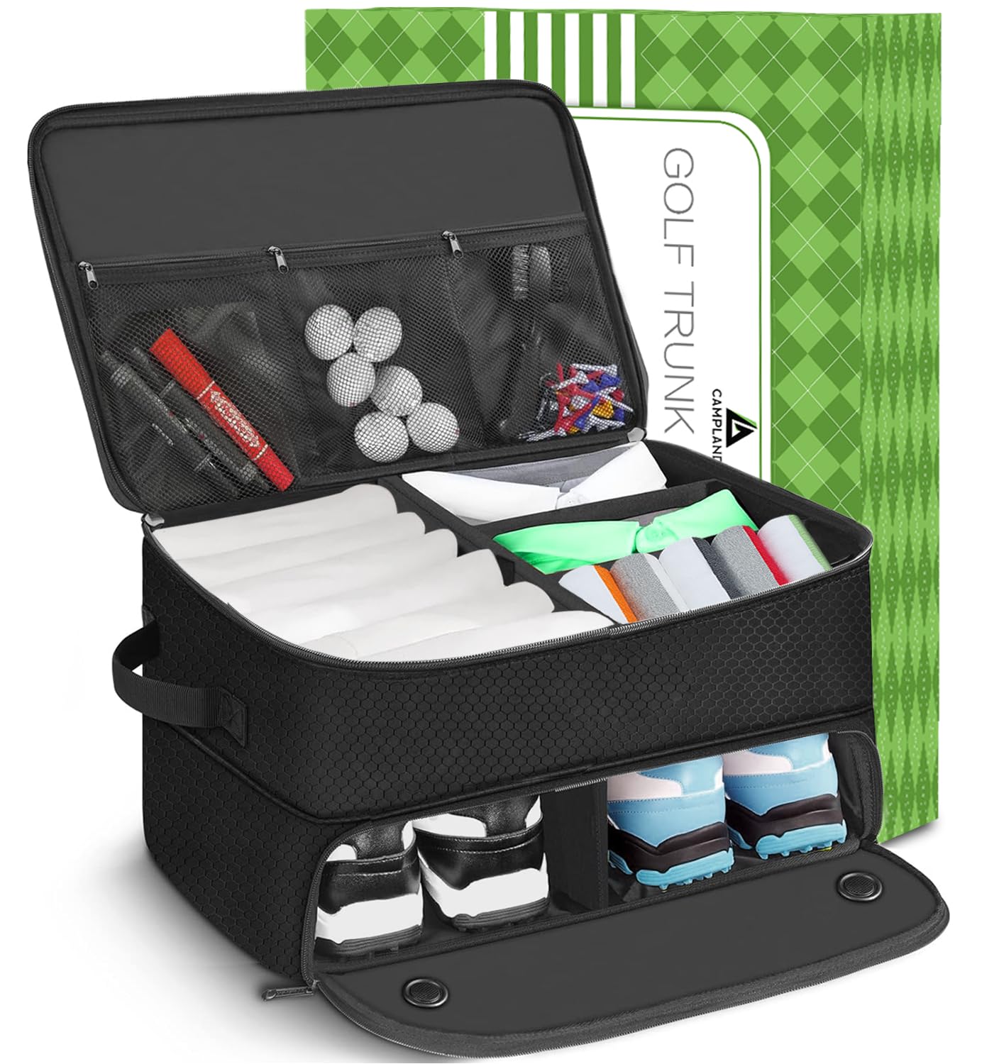 Waterproof 2-Layer Golf Trunk Organizer - Durable Car Storage for Golf Shoes, Balls, Tees, Clothes & Accessories | Perfect Golf Gift for Men & Women | Ideal for Road Trips & Tournament Travel
