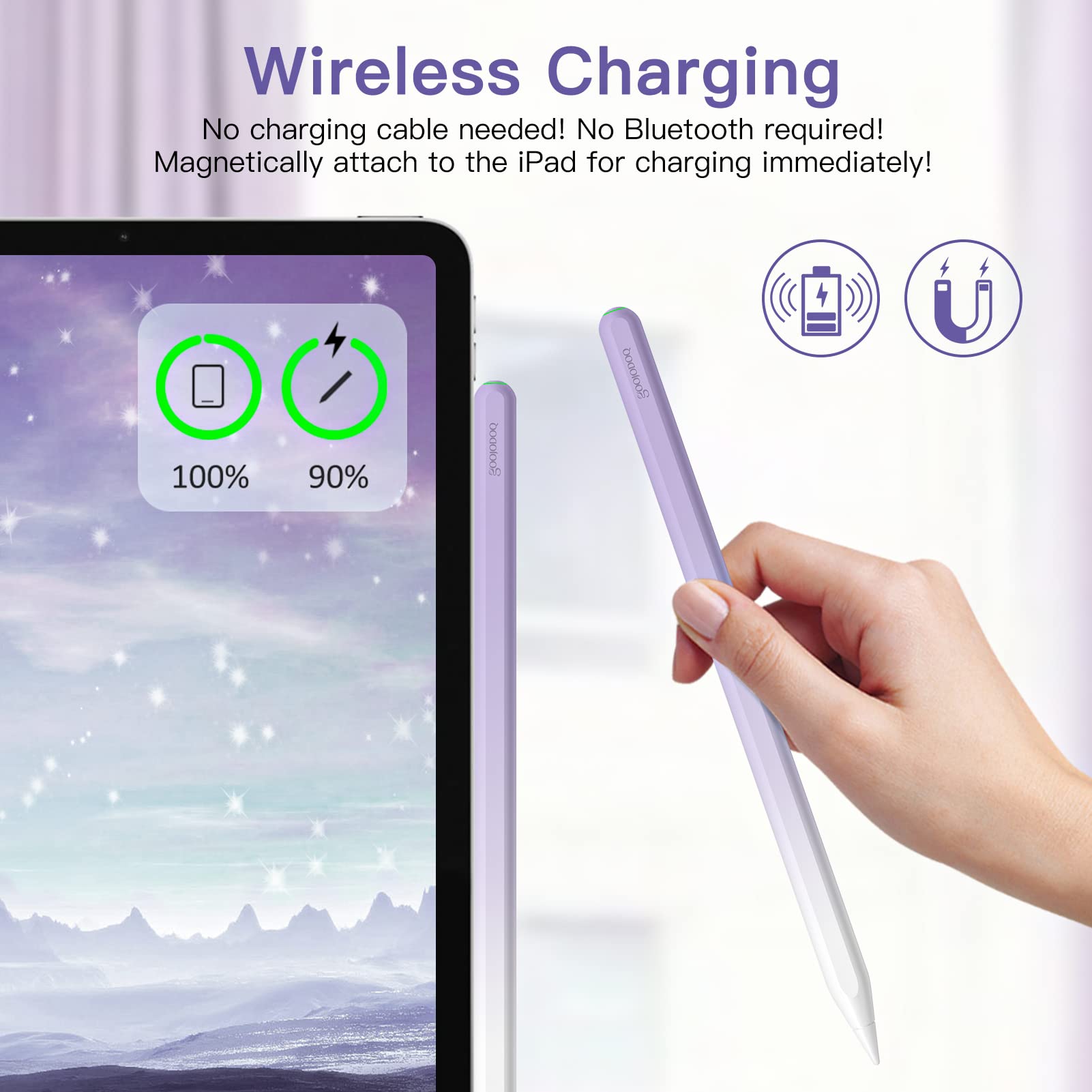 GOOJODOQ GD13 Stylus Pen for iPad Pro/Air/Mini - 2nd Gen Magnetic Wireless Charging, Tilt & Palm Rejection, Purple | Perfect for Drawing, Note-Taking & Professional Work on iPad (11/12.9 Inch, Air 4th/5th Gen, Mini 6th Gen)