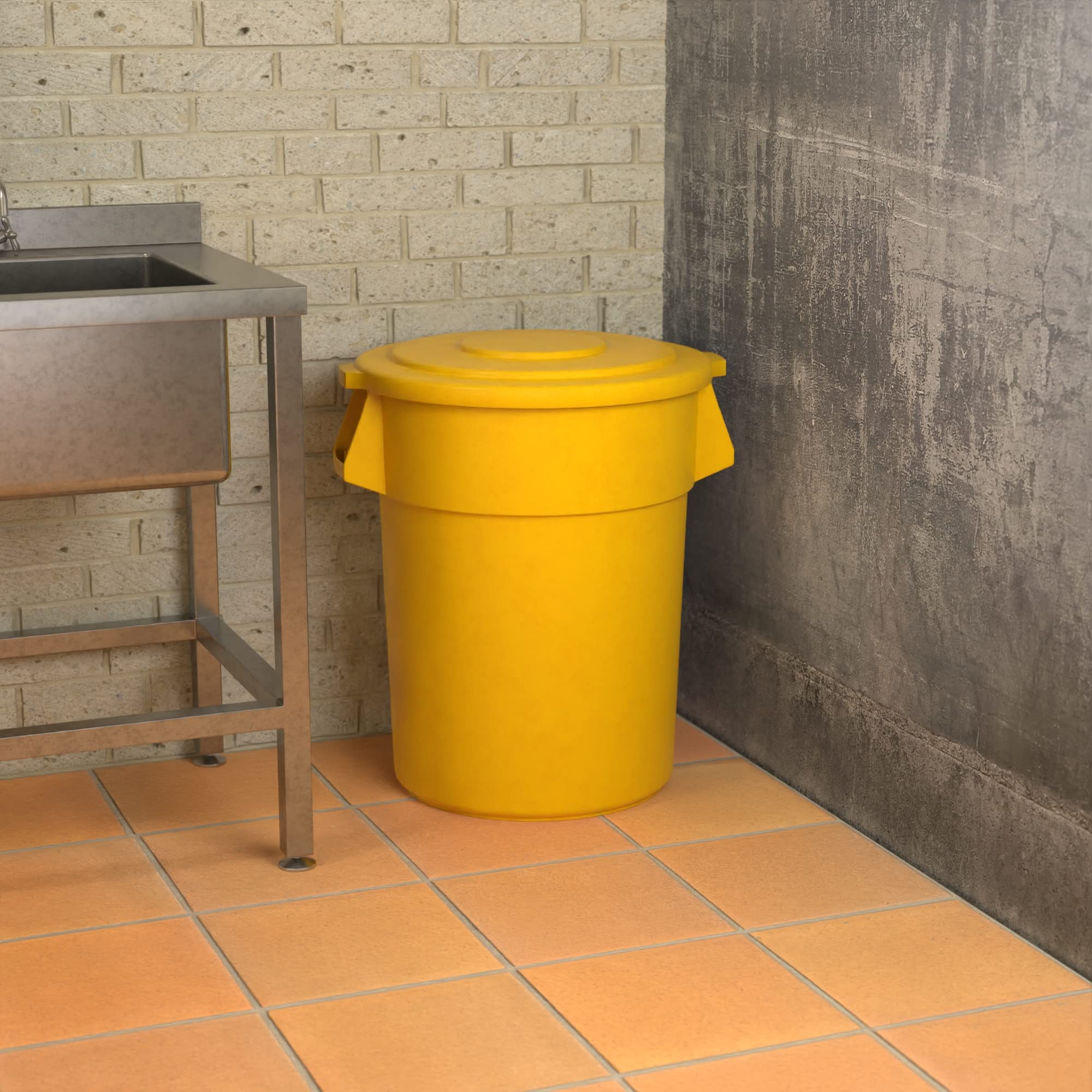 55 Gallon Yellow Round Commercial Trash Can with Lid - Heavy Duty Waste Bin for Office, Restaurant, School & Outdoor Use