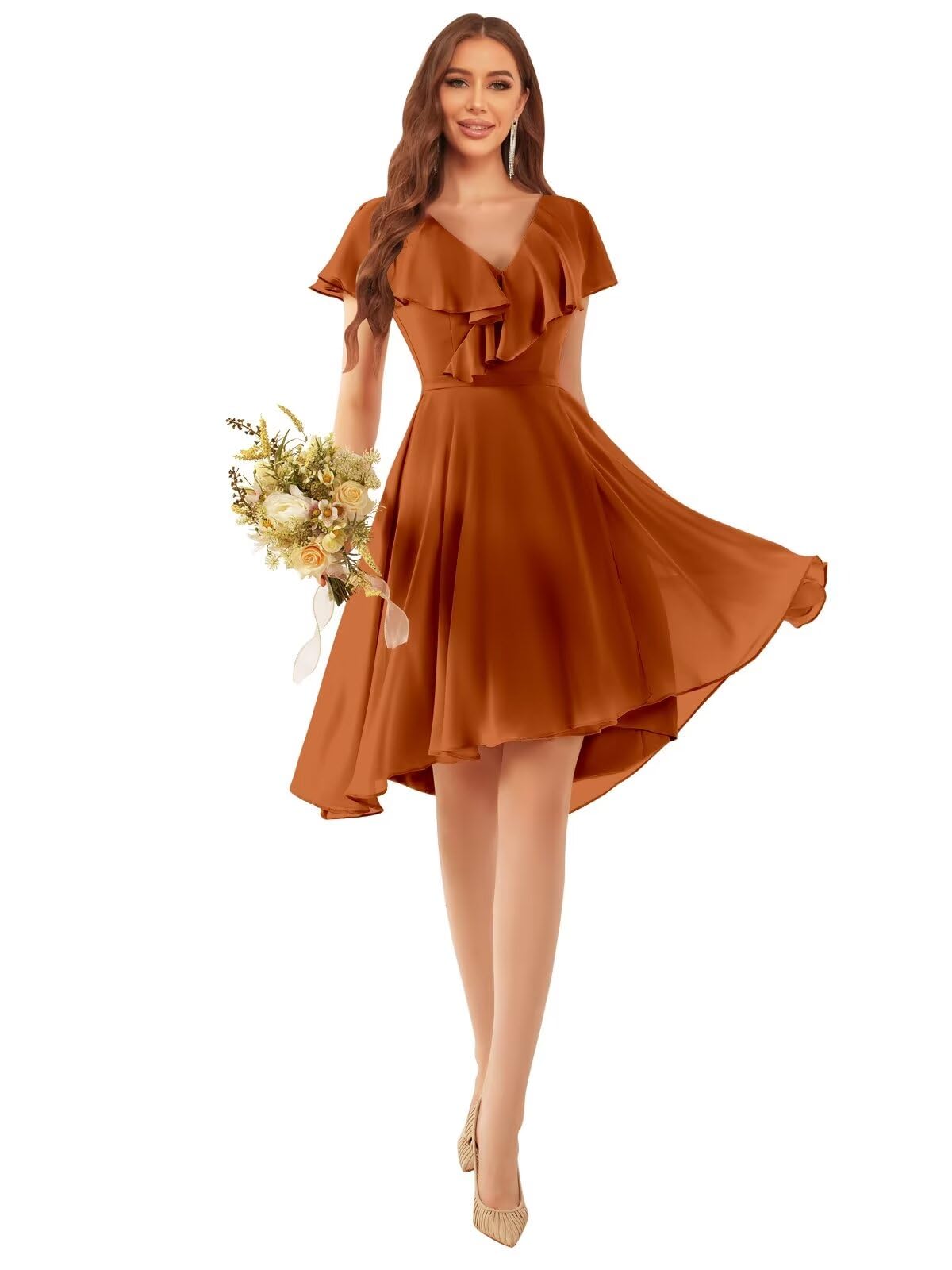 Elegant Chiffon Bridesmaid Dresses Short Sleeve with Ruffles & Flutter Sleeves - Women's Formal Wedding Guest Dress for Bridal Party, Rehearsal Dinner, and Special Occasions