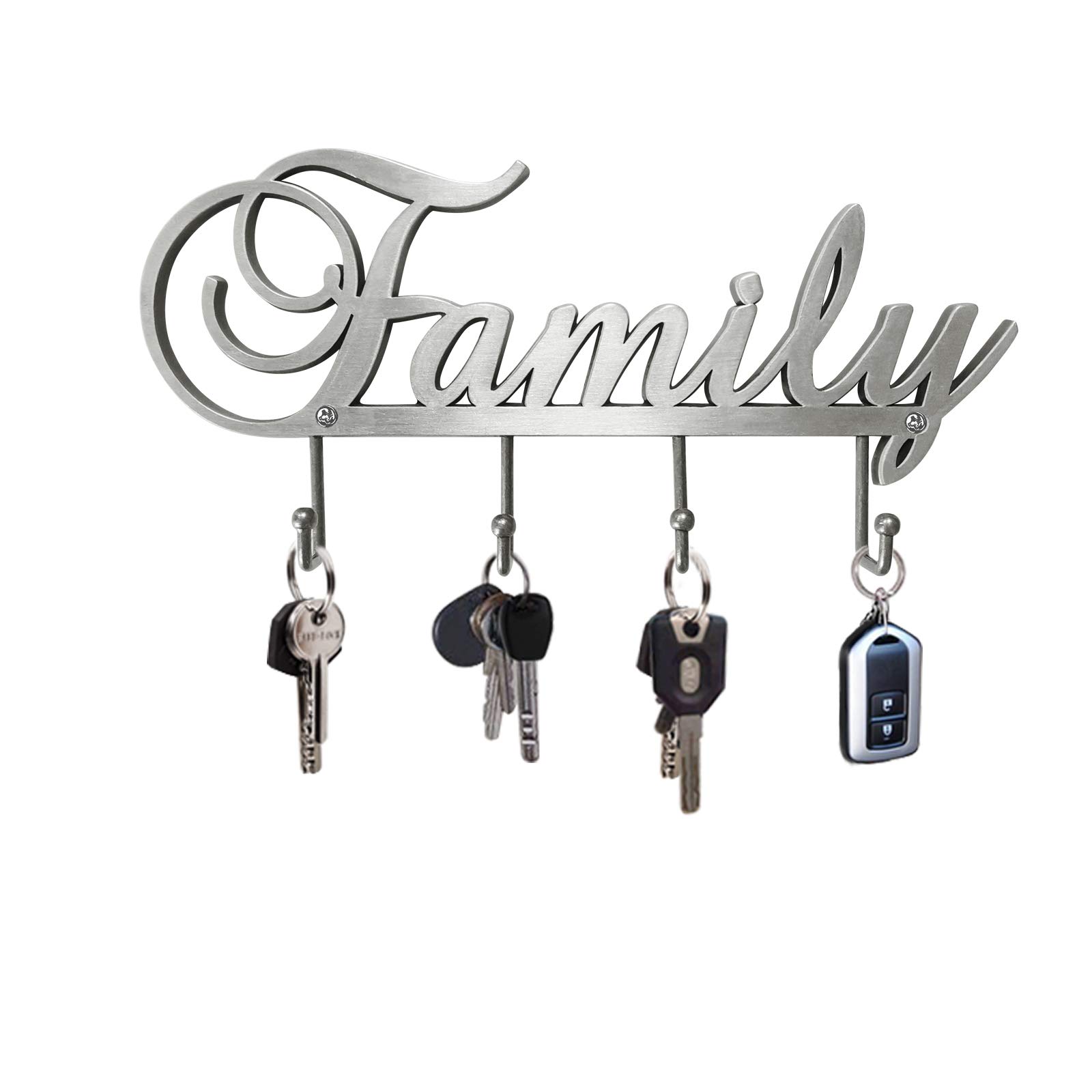 Myartte Wall Mounted Key Holder - 4-Hook Decorative Zinc Alloy Key Organizer Rack with Screws (Antique Silver) - Perfect for Entryway, Mudroom & Home Organization