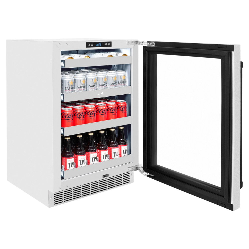 ZLINE Autograph Edition 24 Inch Touchstone 151 Can Beverage Refrigerator - Stainless Steel Glass Door with Matte Black Handle - Compact Drink Cooler for Home, Office, or Bar (RBSOZ SN 24 MB)