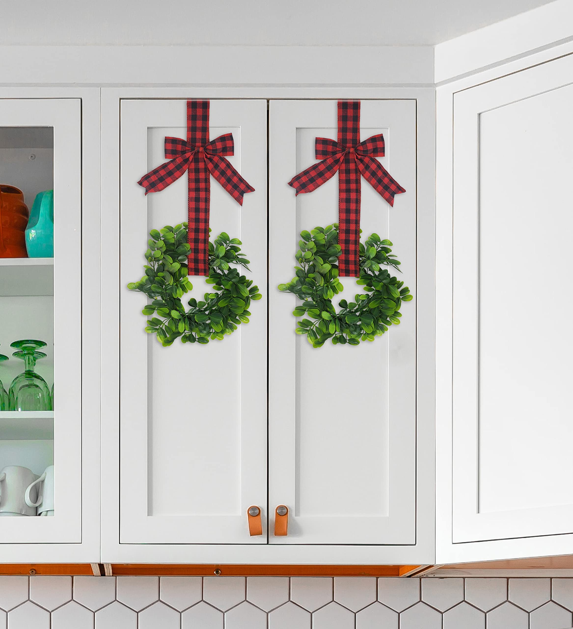KOVOT Set of 4 Christmas Hanging Wreaths with Plaid Ribbon Bow - Holiday Decor for Kitchen Cabinets, Doors, Windows, Railings & Behind Chairs - Black & Red Plaid Bow - Perfect for Festive Home, Office & Party Decorations