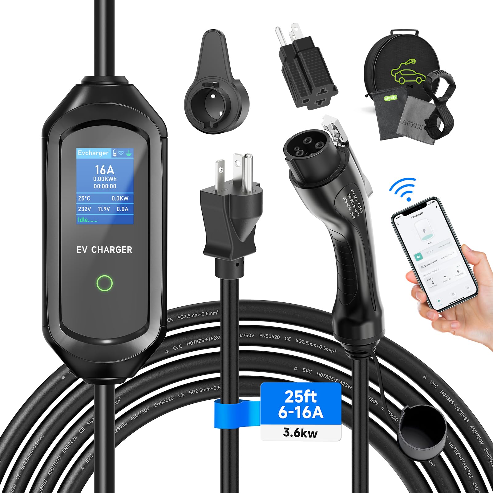 **Level 1 EV Charger - 16Amp Portable Electric Vehicle Charging Station with 25ft J1772 Cable & NEMA 6-20 Plug (Includes 5-15 Adapter) - Ideal for Home, Office & Travel Use**