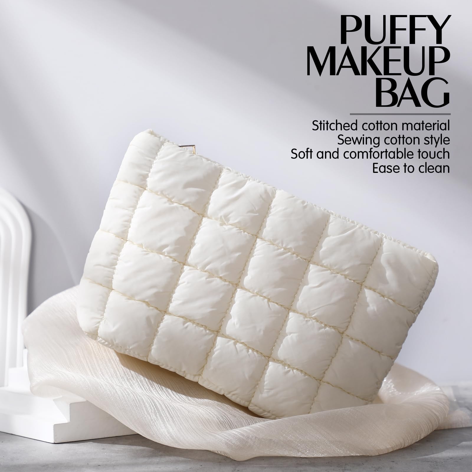 Hillban Quilted Makeup Bag - Cute Puffer Cosmetic Pouch for Travel & Toiletries (White)