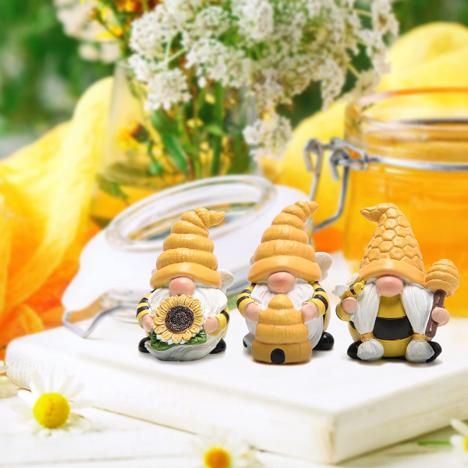 3 PCS Bumble Bee Spring Gnome Decorations - Honey Bee Garden Ornaments for World Bee Day, Fall & Thanksgiving - Cute Gnome Figurines as Birthday Gifts for Mom, Grandma & Women - Perfect for Home Decor, Garden Party & Bee-Themed Events