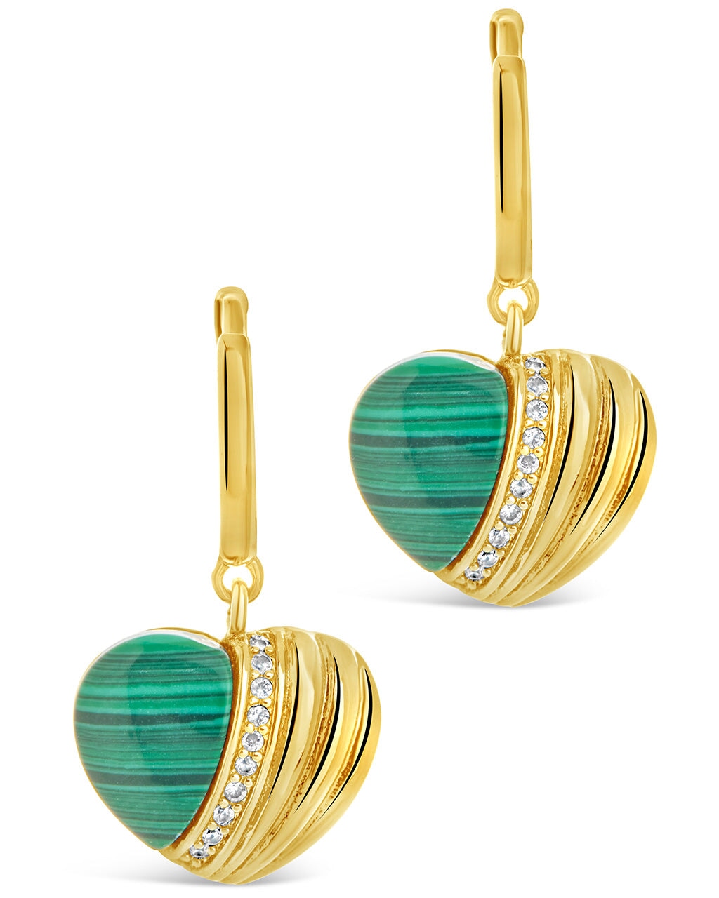 Malachite & Cubic Zirconia Heart Charm Hoop Earrings for Women - Elegant Dangle Jewelry for Valentine's Day, Anniversary & Special Occasions