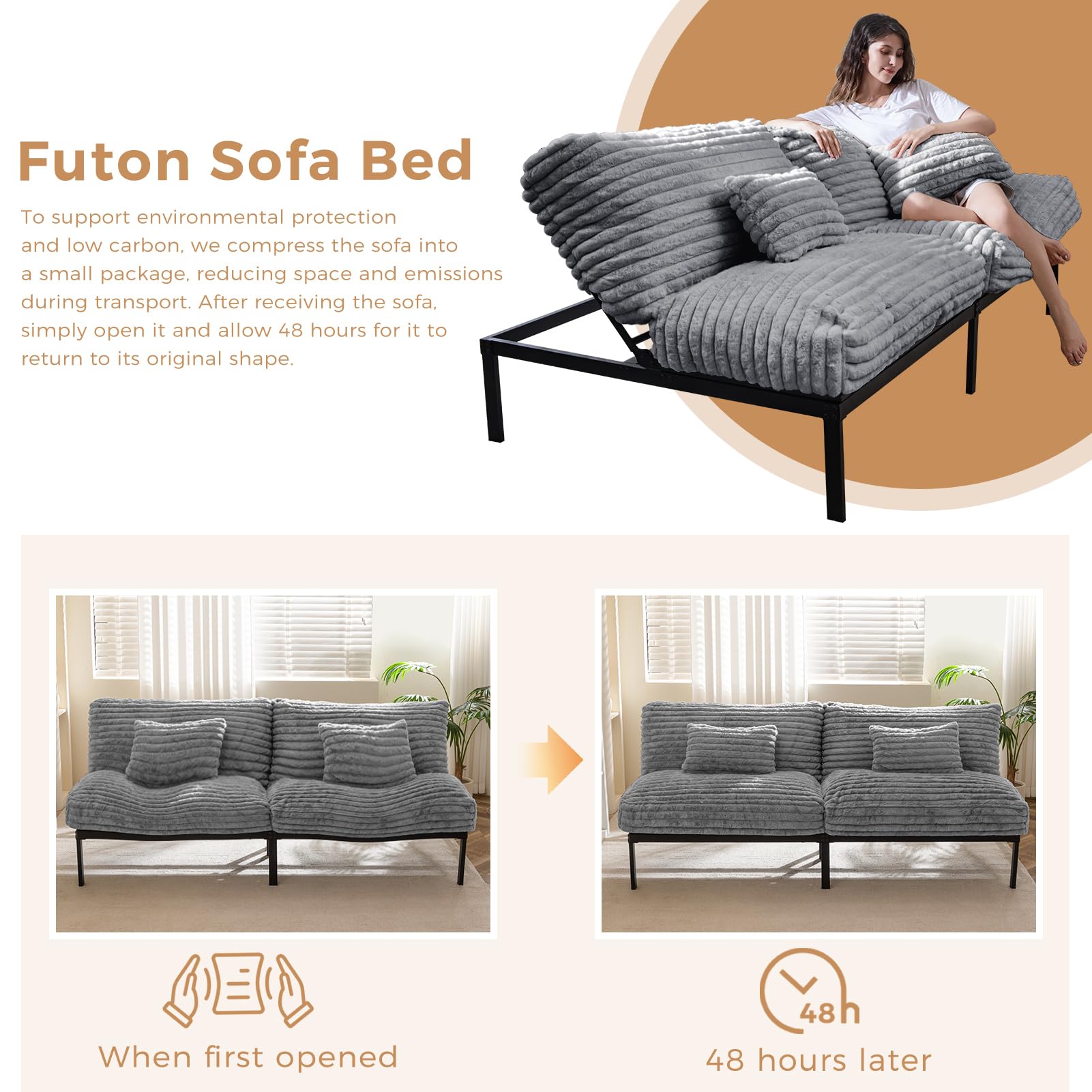 MAXYOYO Convertible Futon Sofa Bed - Grey Sleeper Couch for Small Spaces, Living Room, Guest Room & Dorm | Multi-Functional Foldable Futon for Lounging, Sleeping & Extra Seating