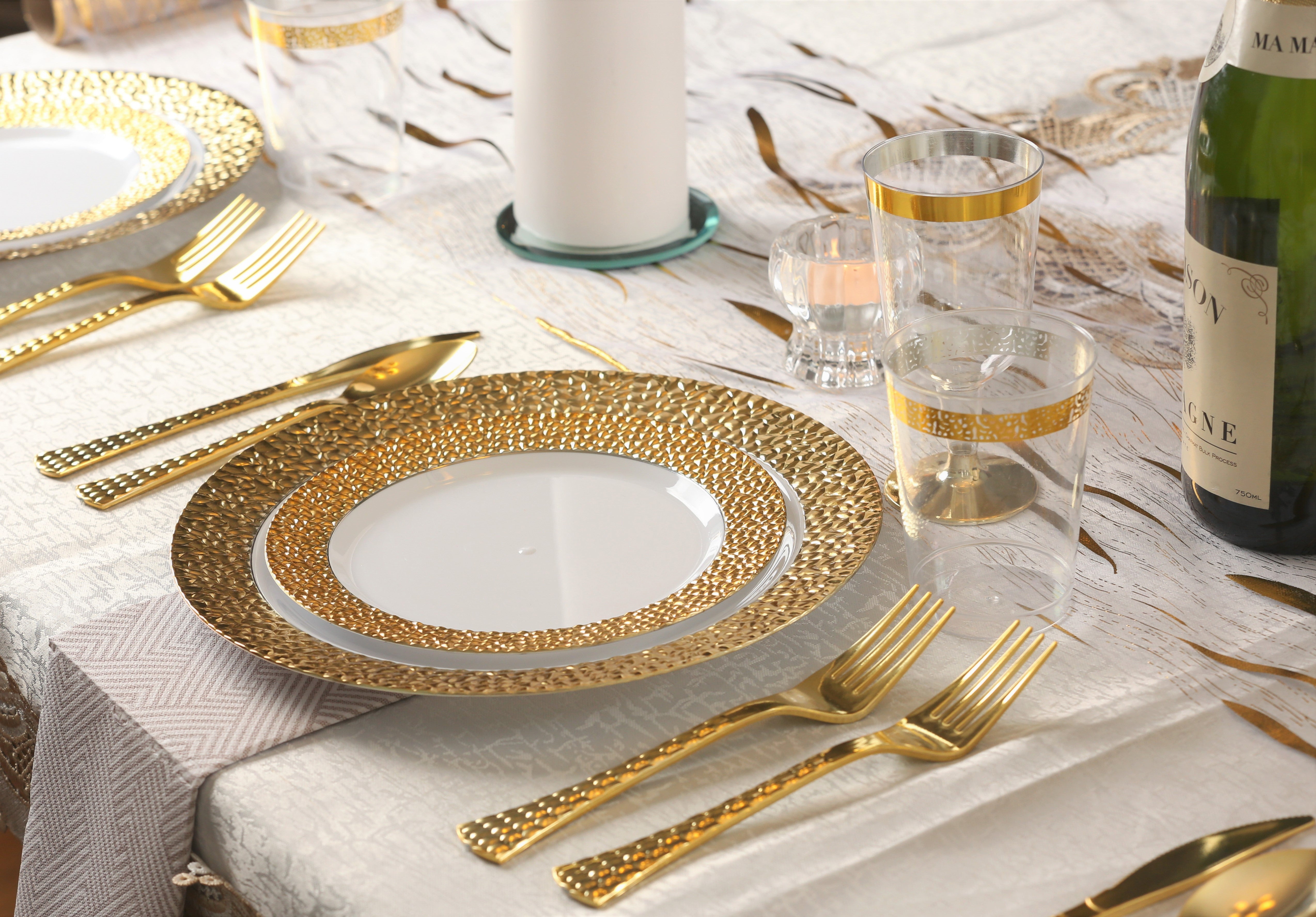 White and Gold Plastic Party Bundle - 50-Piece Disposable Tableware Set for Birthday, Wedding, Baby Shower & Holiday Celebrations - Plates, Cups, Forks, Spoons & Knives Included