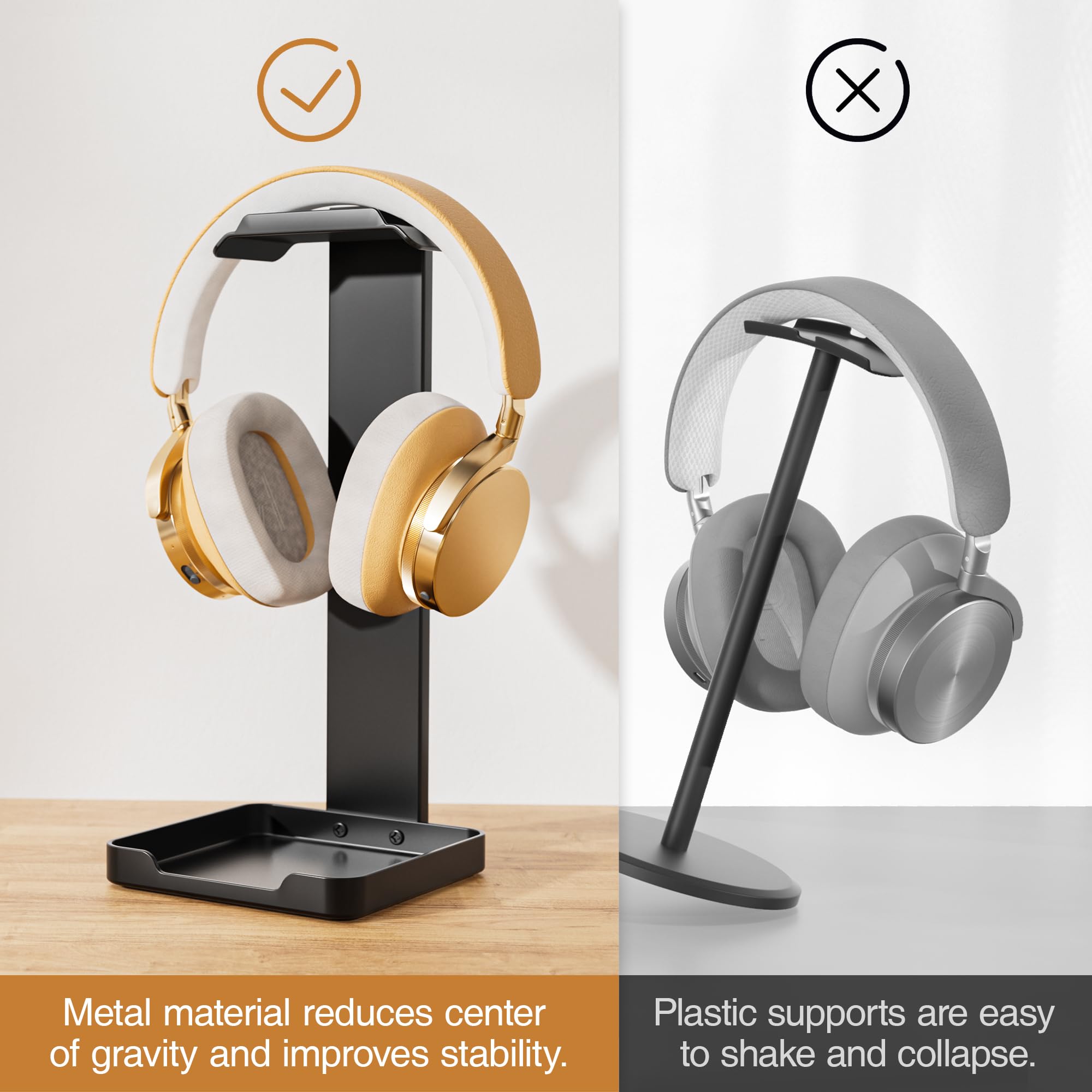 Premium Metal Headphone Stand with Non-Slip Base & Storage Tray - Sturdy Headset Holder for Gaming, Office & Home Use - Universal Fit for All Headphones (Black)