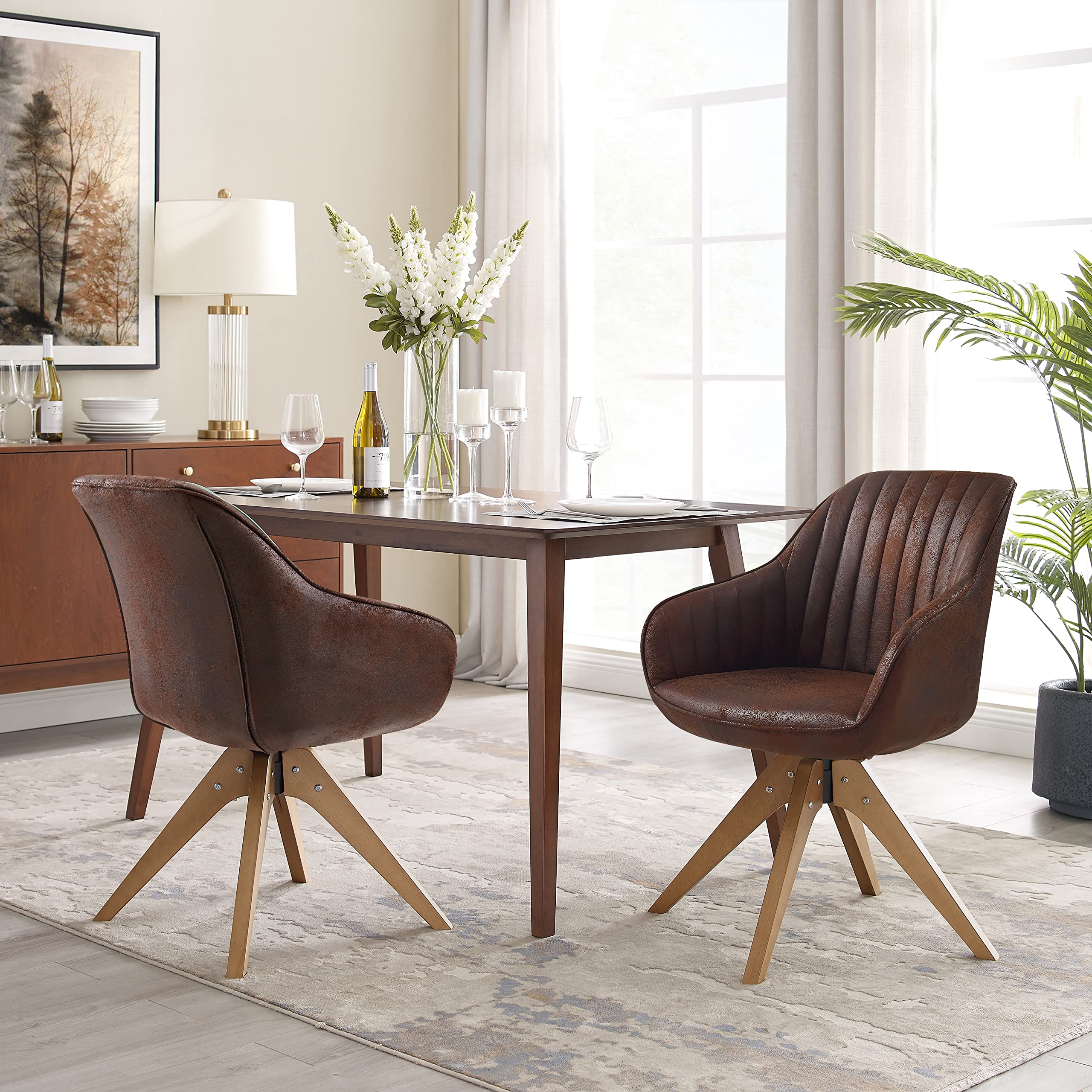 Art Leon Mid Century Modern Dining Chair - Swivel Upholstered Suede Chair with Wooden Legs for Dining Room & Living Room | Comfortable Armchair in Mocha Brown | Perfect for Entertaining, Home Office & Relaxation