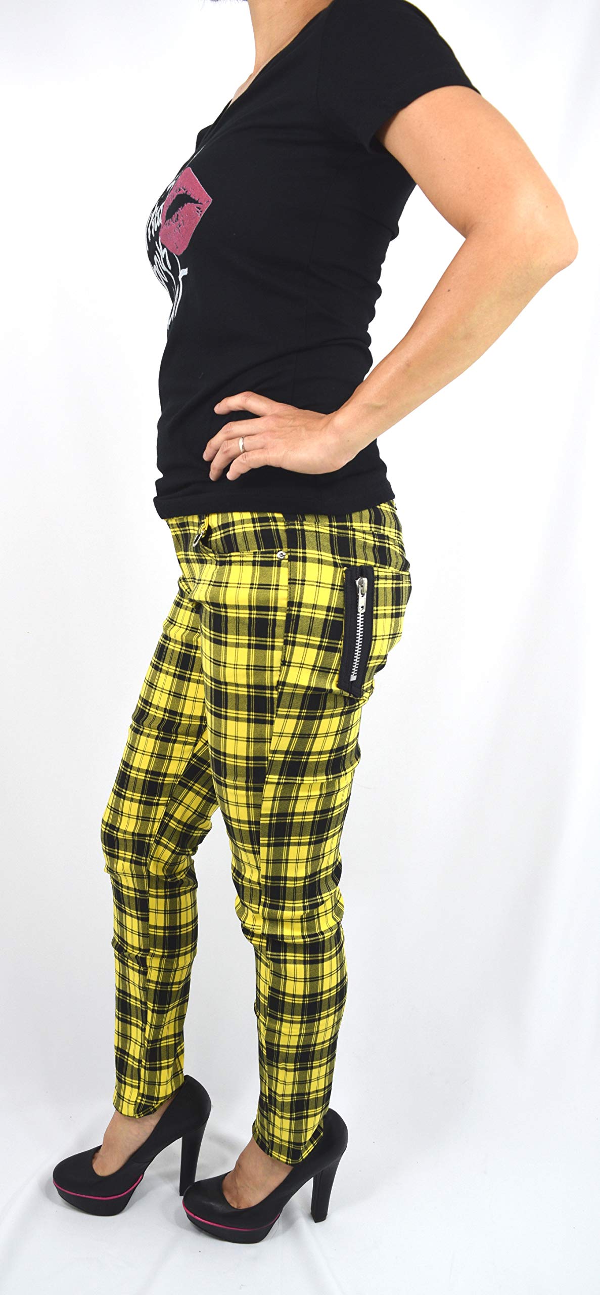 Lost Queen Plaid Check Skinny Jeans for Women - Punk Rock Funky High Waisted Stretch Denim Pants | Perfect for Concerts, Night Out & Alternative Fashion
