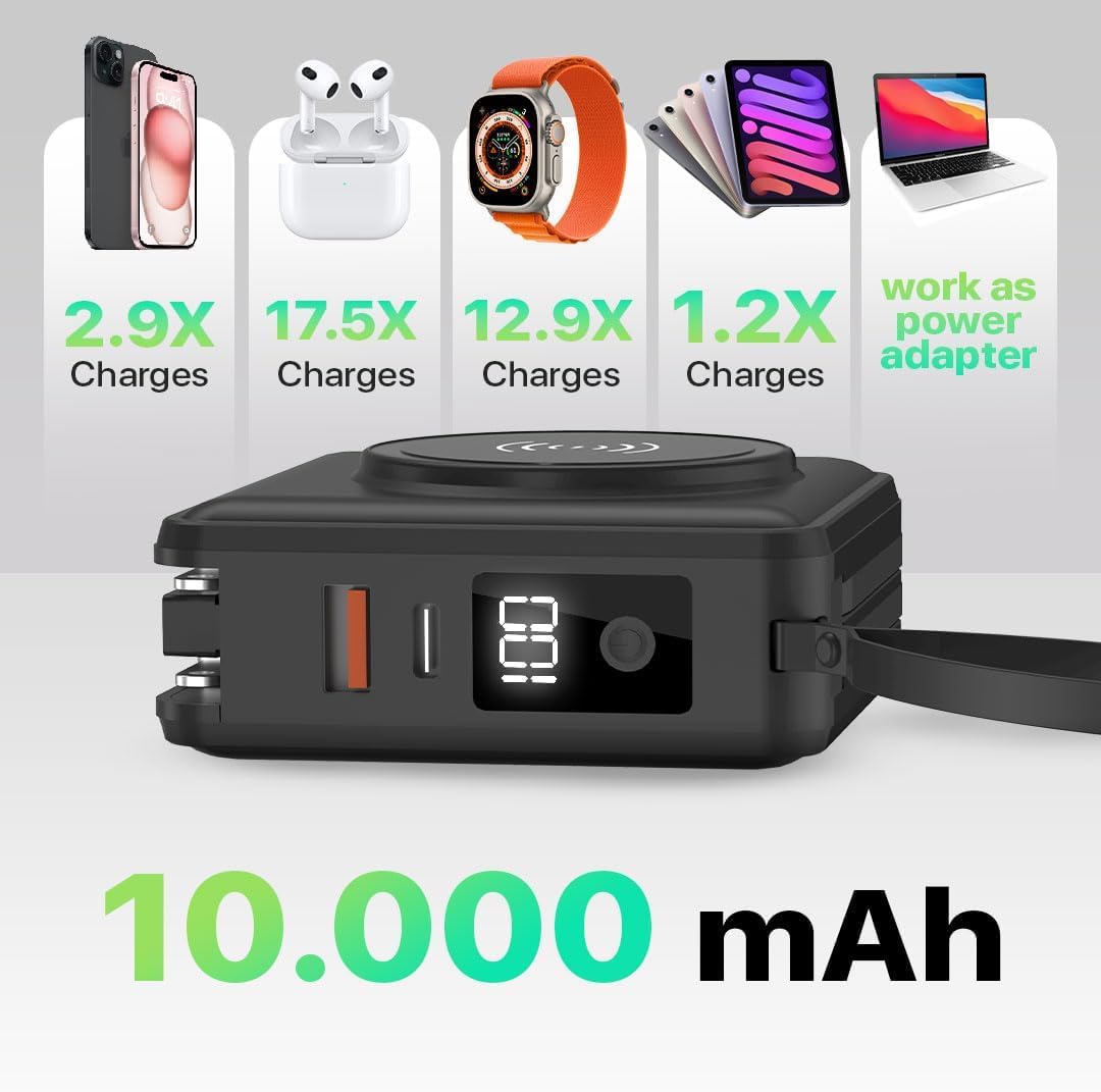 PWR Travel PRO 5-in-1 Power Bank 20W USB-C Fast Charging Portable Charger with 10,000mAh Battery - Wireless Charger & Lightning Compatible - Perfect for Travel, Camping & Emergency Power Backup