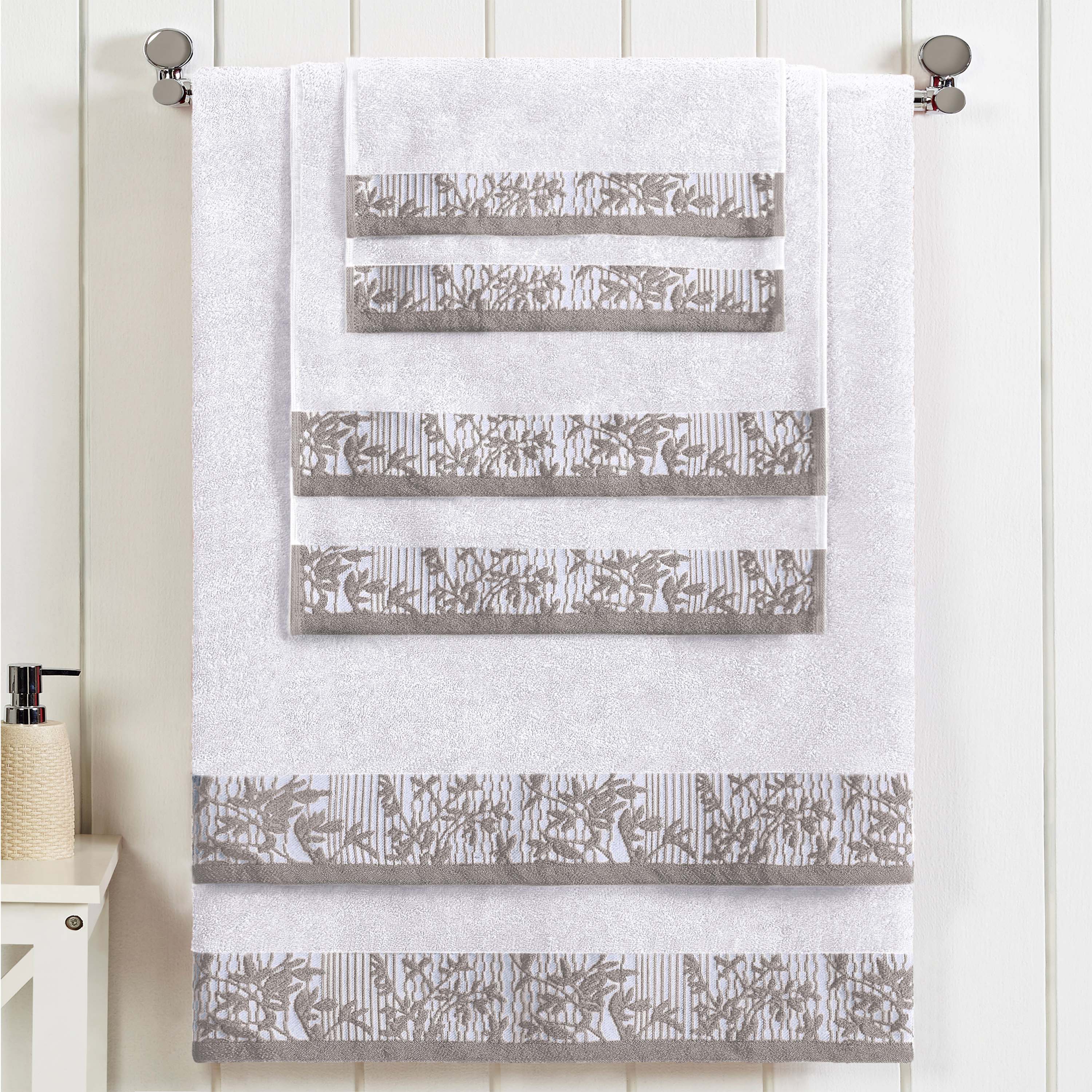 Wisteria Cotton Floral Embroidered Jacquard Border 6-Piece Bath Towel Set - Soft & Absorbent for Spa, Bathroom & Guest Use