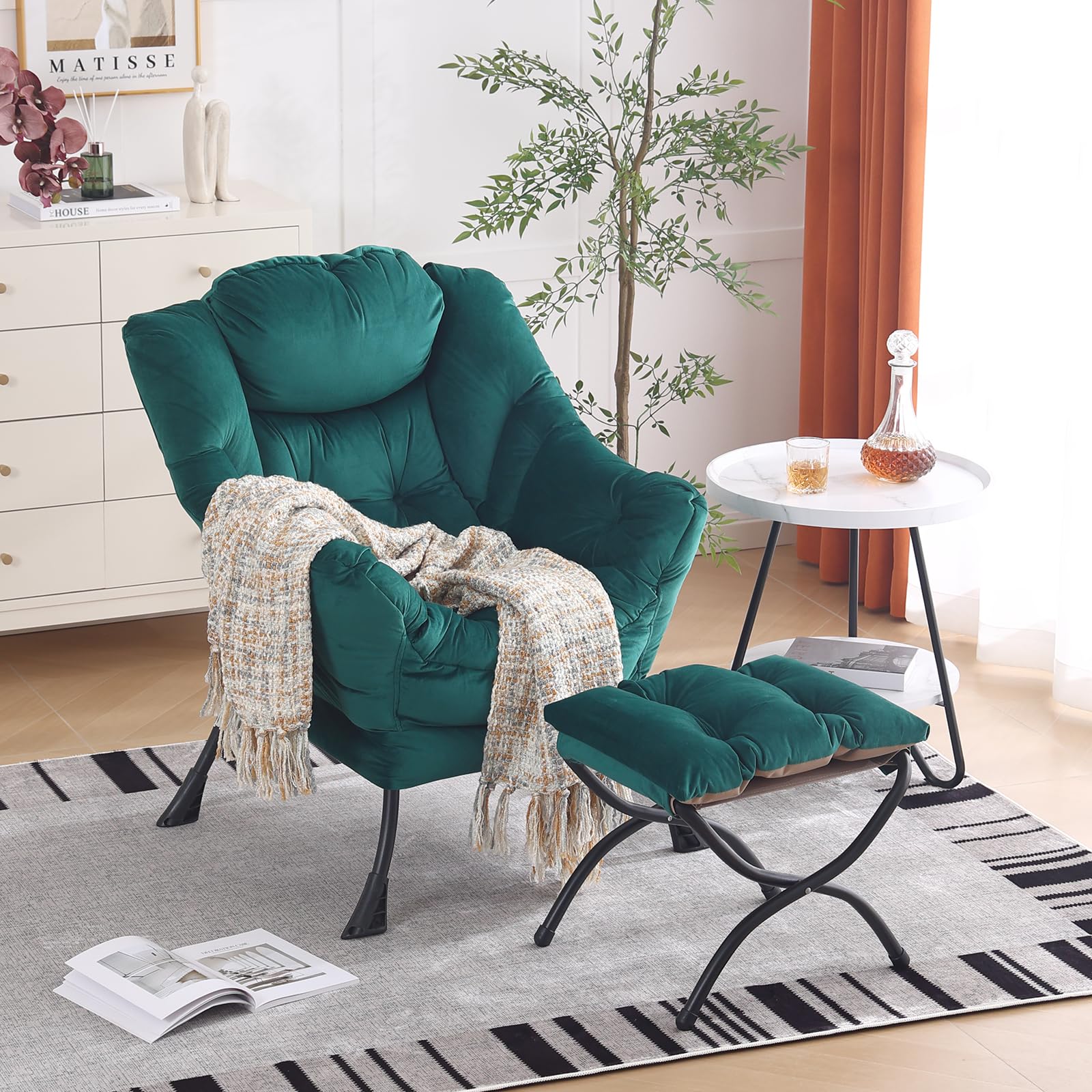 Oversized Lounge Chair with Ottoman - Modern Accent Chair with Folding Footrest, Velvet Dark Green Comfortable Reading Chair for Bedroom, Study, Living Room & Courtyard - Perfect for Relaxing, Reading & Home Decor