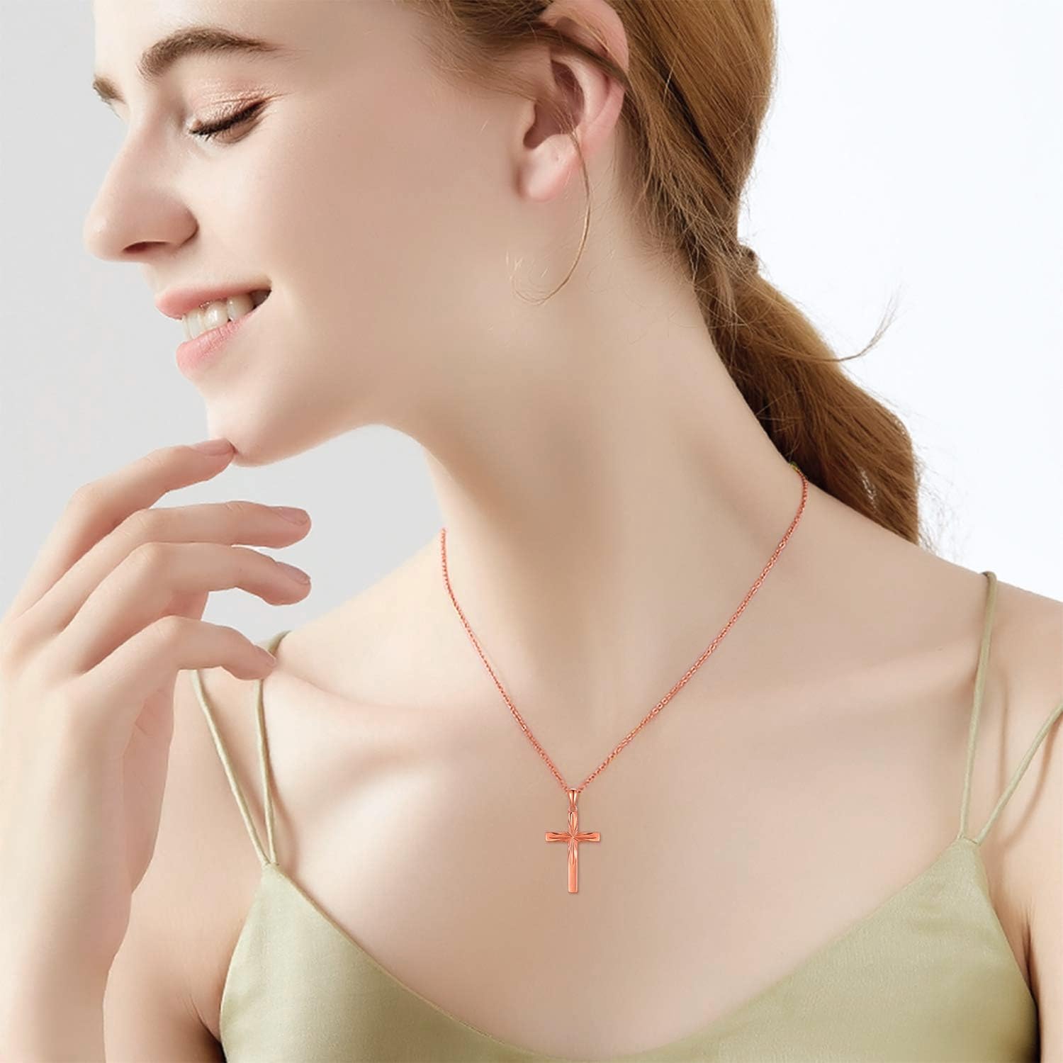 14K Solid Gold Cross Necklace for Women - Delicate Italian Diamond-Cut Religious Pendant, 16
