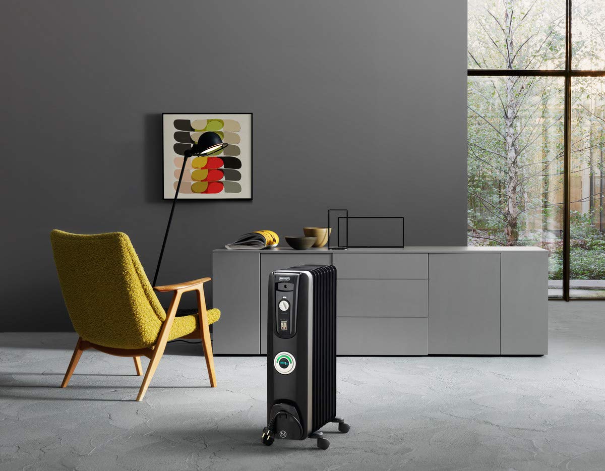 DeLonghi EW7707CBCA 1500W Oil-Filled Radiator Space Heater - Quiet, Adjustable Thermostat, 3 Heat Settings, Energy Efficient, Safety Features, Black - Perfect for Bedroom, Office & Home Heating