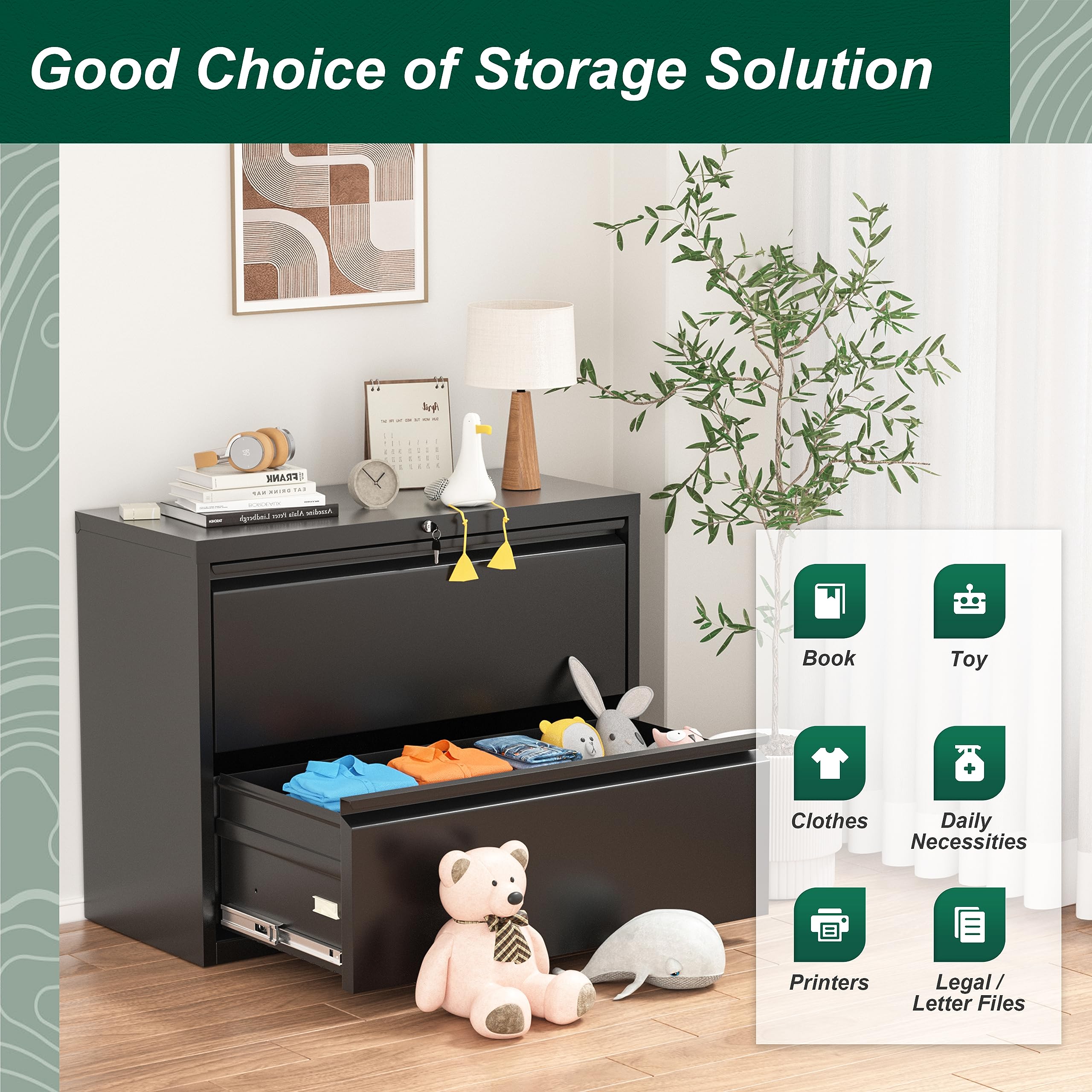 Superday 2-Drawer Metal Lateral File Cabinet with Lock - Black Lockable Filing Cabinet for Home Office, Legal, Letter & A4 Documents - Secure Storage for Hanging Files | Perfect for Office Organization & Document Protection