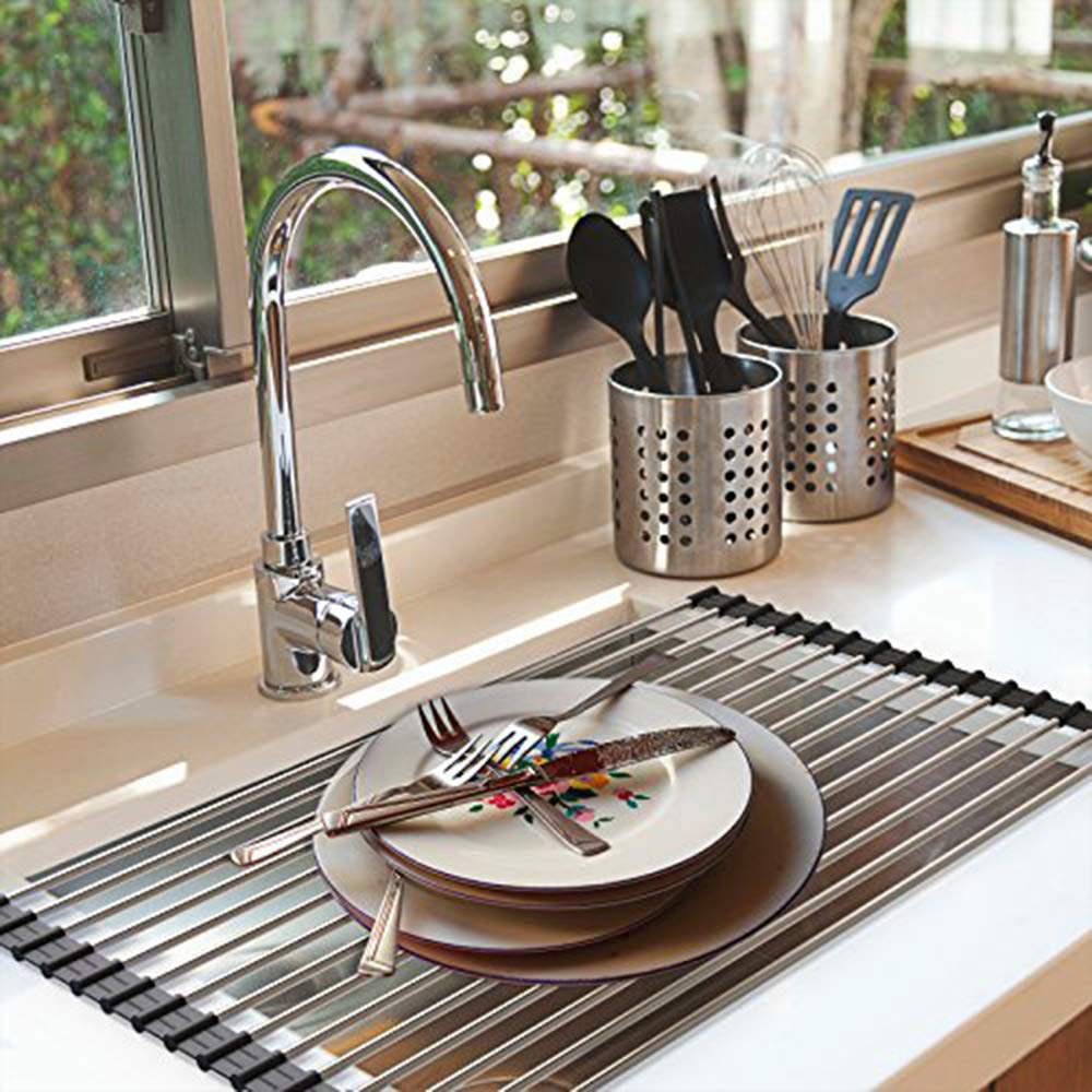 Ahyuan Foldable Over The Sink Dish Drying Rack - Portable Roll Up Kitchen Dish Drainer for Counter Space Saving - Black 20.5