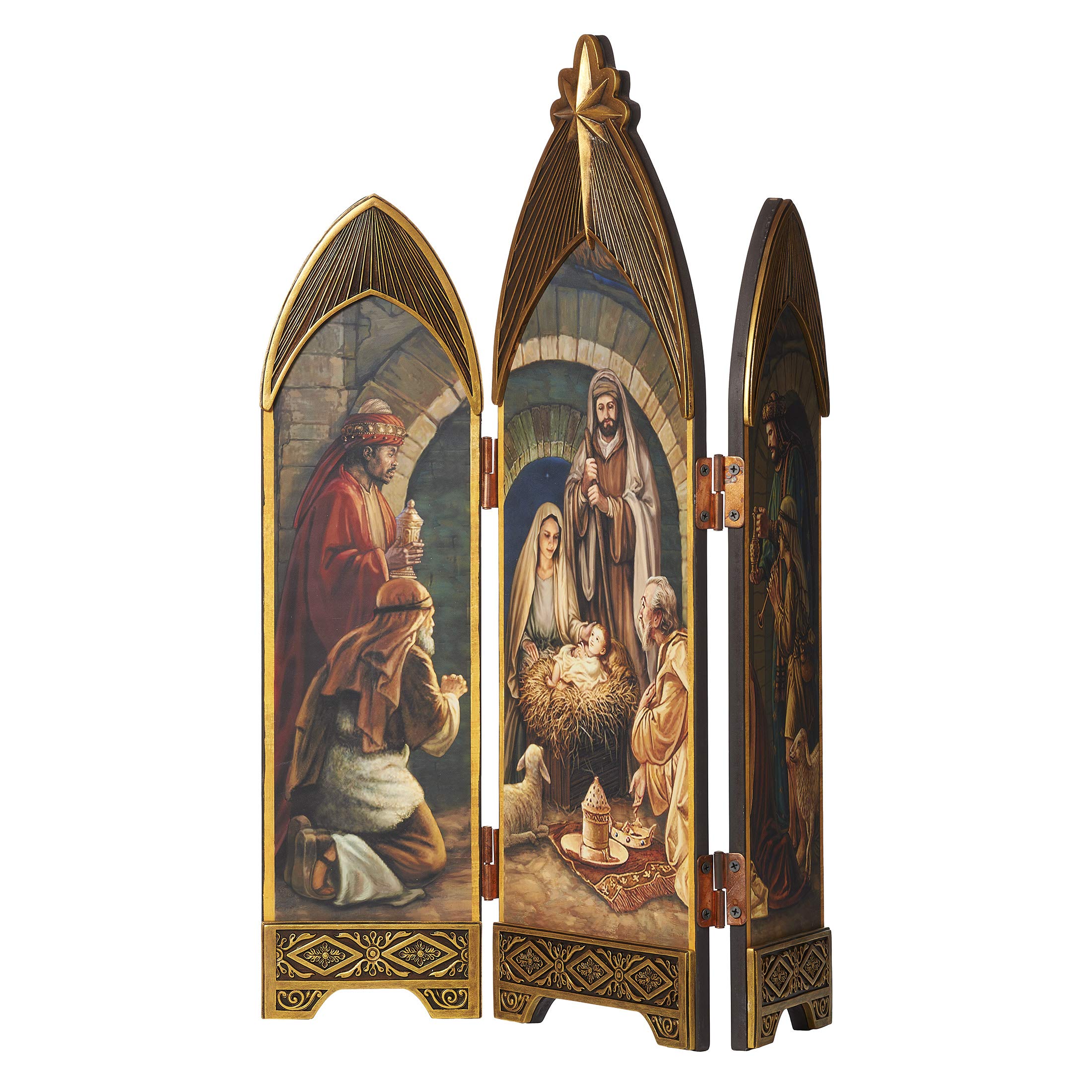 Joseph's Studio by Roman - Faux Oil Paint Nativity Triptych, Holy Family with Shepherds and Three Kings, Tri-Fold Religious Art with Gold Relief Applique Trim, 28