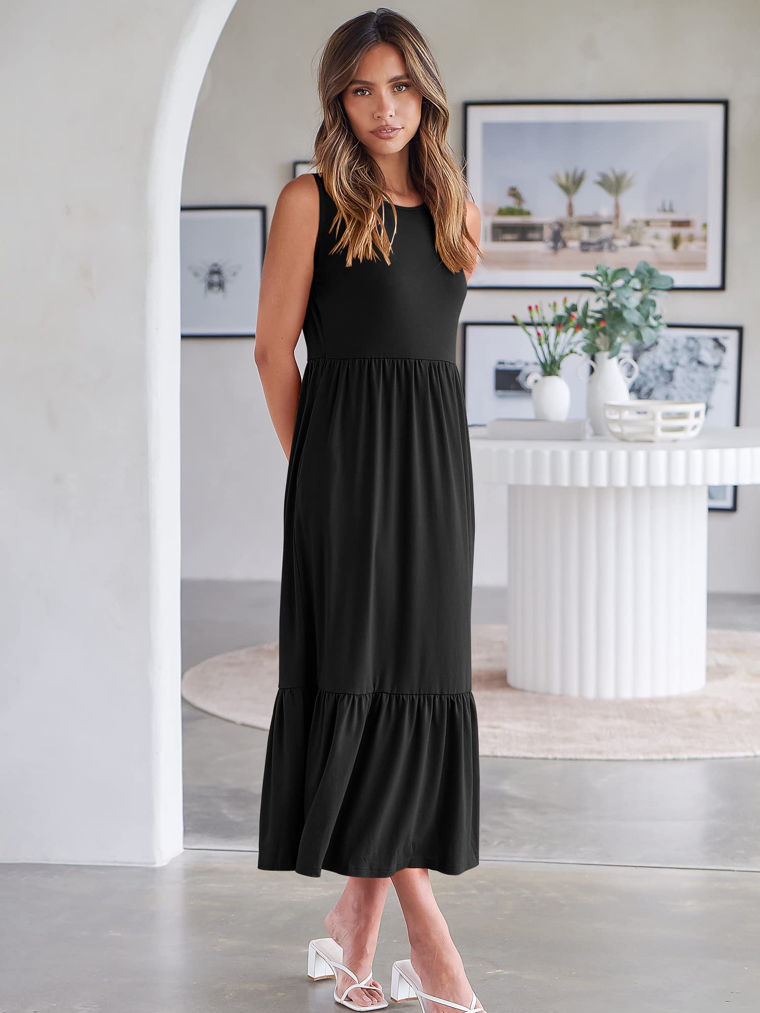 ANRABESS Women's Summer Sleeveless Crewneck Sundress - Flowy A-Line Tiered Maxi Beach Dress for Vacation, Casual Wear & Outdoor Activities