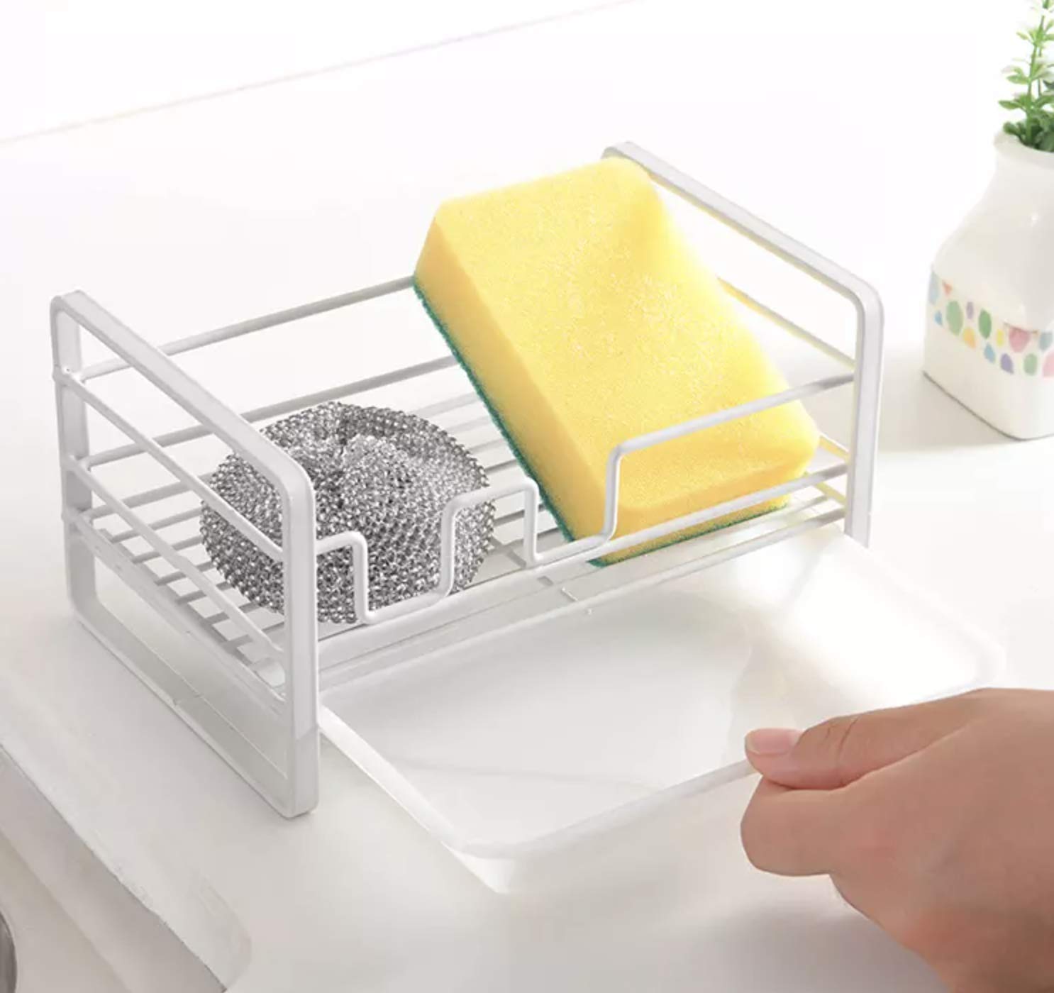 Stainless Steel Sponge Holder for Kitchen Sink with Drain Pan - Rustproof Sink Caddy Organizer - Removable Tray for Soap & Scrubber - Perfect for Dishwashing, Countertop Organization & Small Kitchen Storage