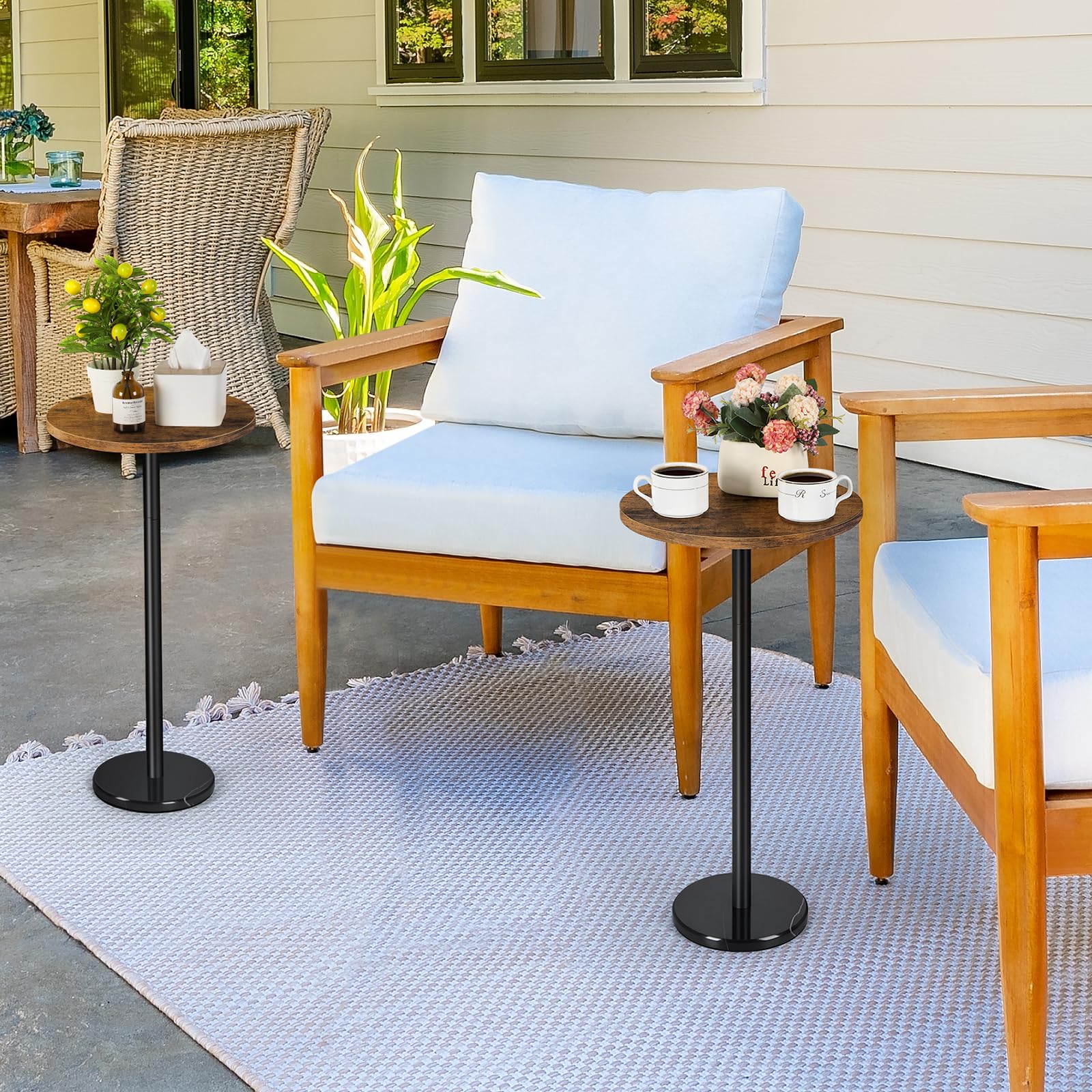 2-Piece Round Side Table Set with Marble Base - Small Drink Pedestal Accent End Coffee Cocktail Table for Living Room, Sofa, Outdoor Use (Brown & Black) - Perfect for Small Spaces, Patio, and Home Decor