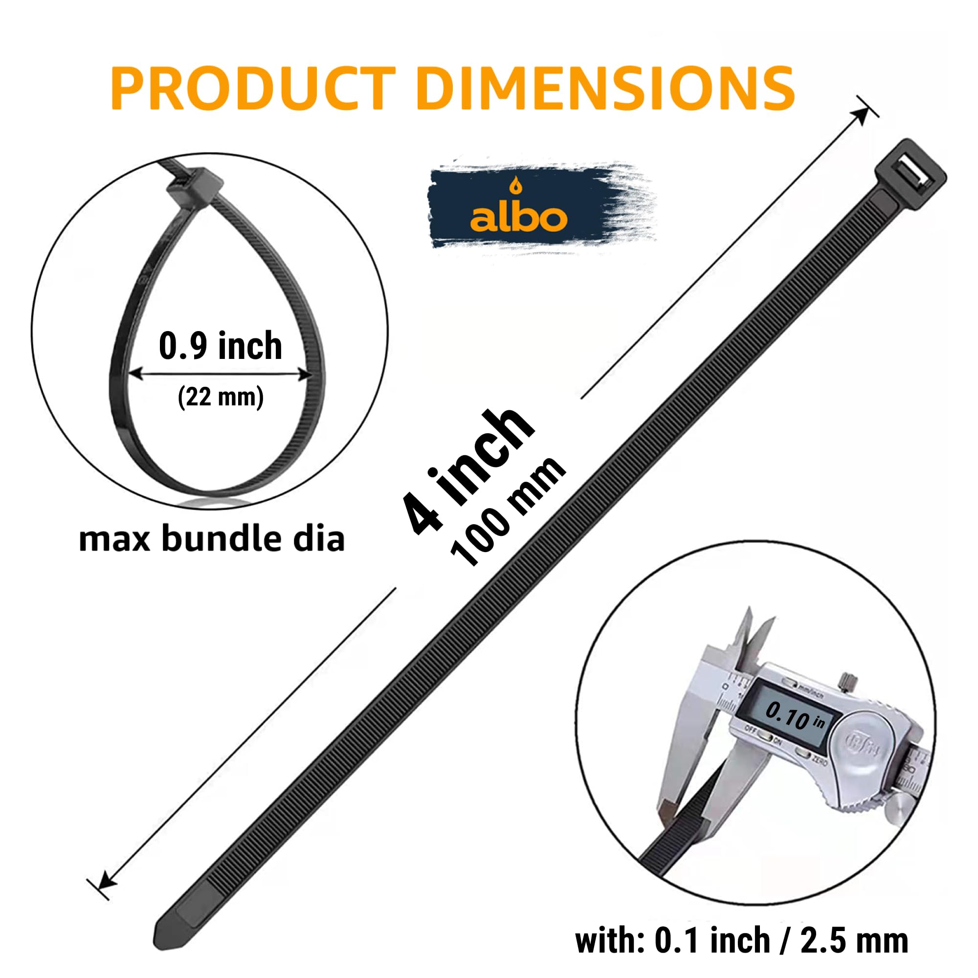 ALBO 4-Inch Black Nylon Cable Ties (1000 Pack) - 18lb Tensile Strength, UV Resistant Zip Ties for Organizing Wires, Bundling Cables & DIY Projects