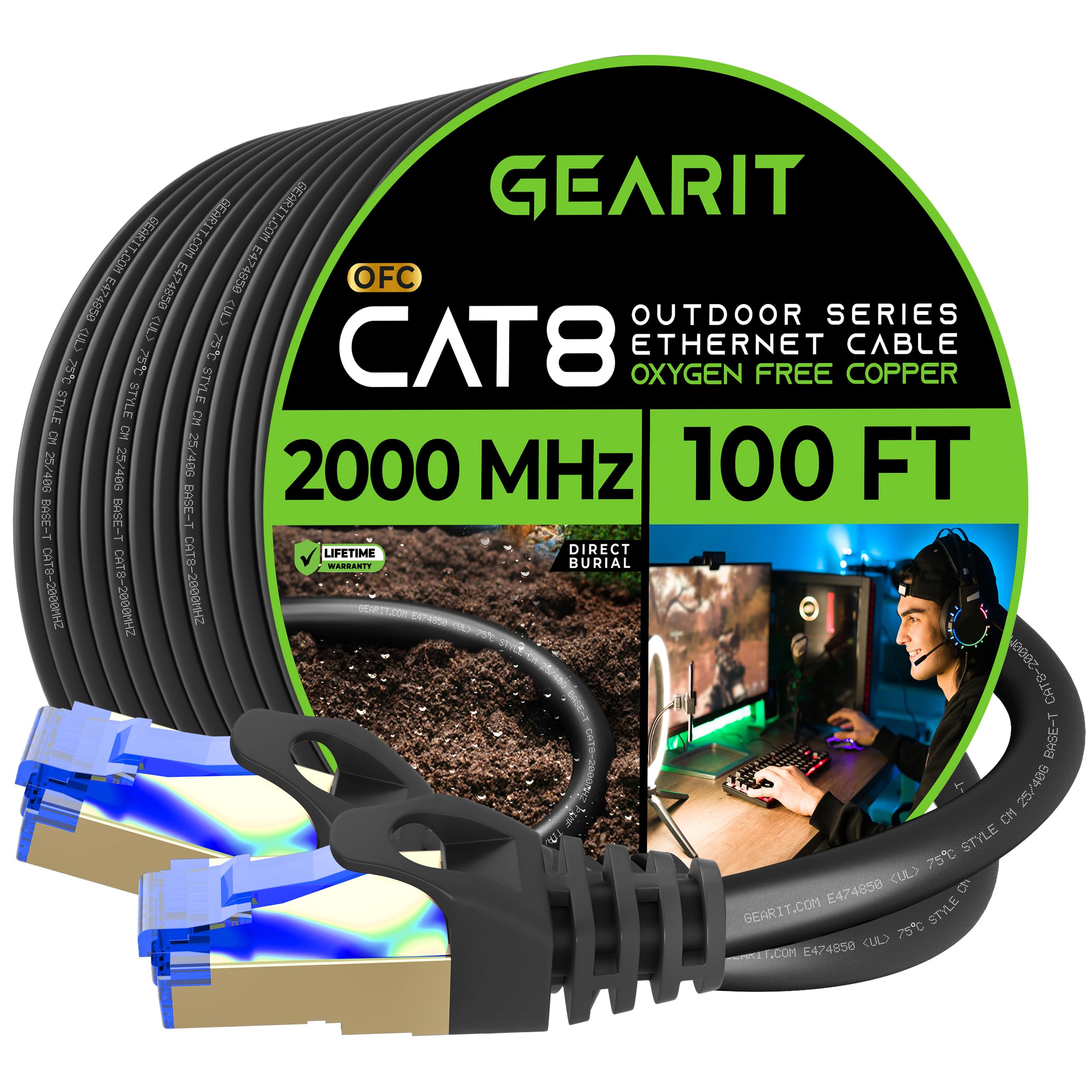 GearIT Cat8 Outdoor Ethernet Cable 100ft - Waterproof, Direct Burial, In-Ground, UV Resistant LLDPE Jacket, Pure Copper 26AWG, 40Gbps 2000MHz SFTP Patch Cord for POE, Network & Internet - Perfect for Outdoor Security Cameras, Gaming Setups & Home Office Networks
