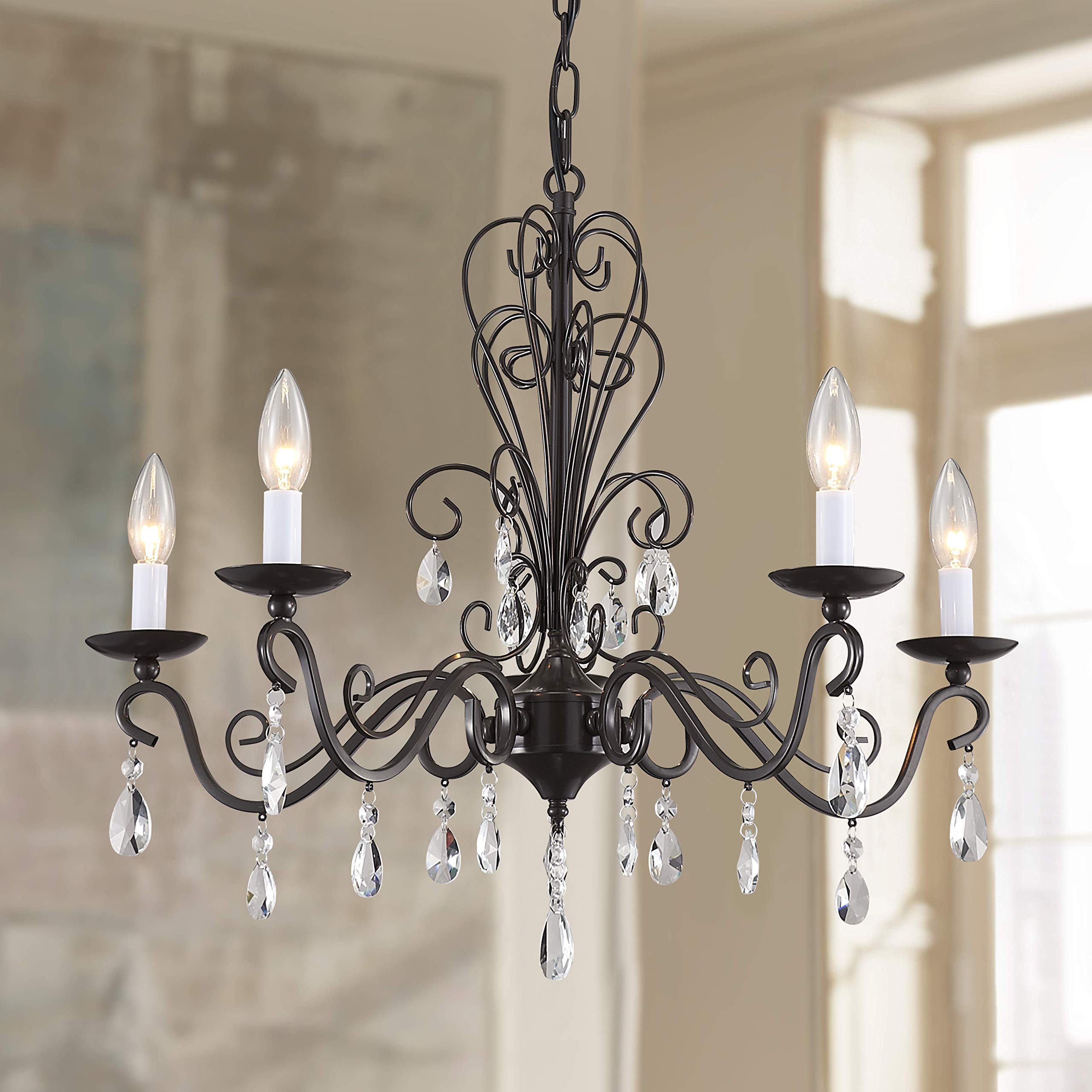 Bestier Black Iron Rustic Vintage Pendant Chandelier - Crystal Lighting Fixture with 5 E12 Bulbs (22
