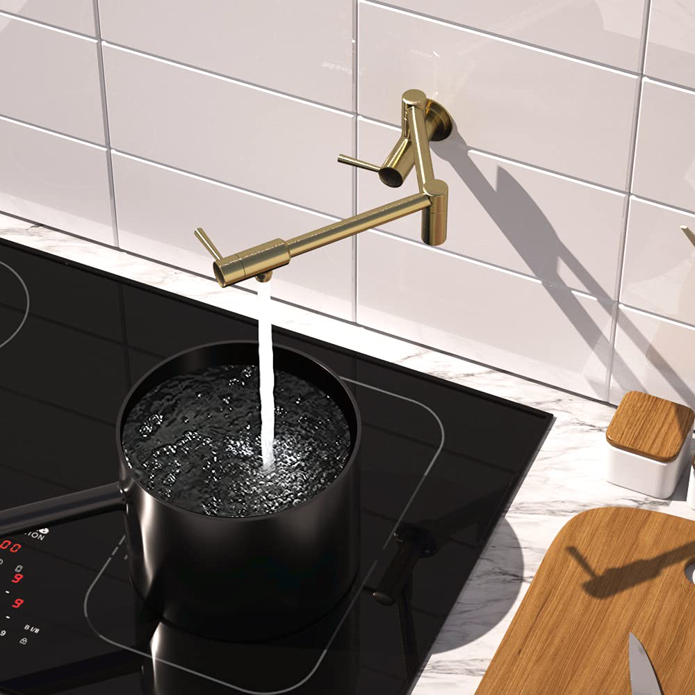 IMLEZON Commercial Stainless Steel Wall Mount Pot Filler Faucet - Single Hole, 2 Handles, Folding & Extendable Design in Champagne Bronze - Perfect for Kitchen Sinks, Restaurants & Food Prep Areas