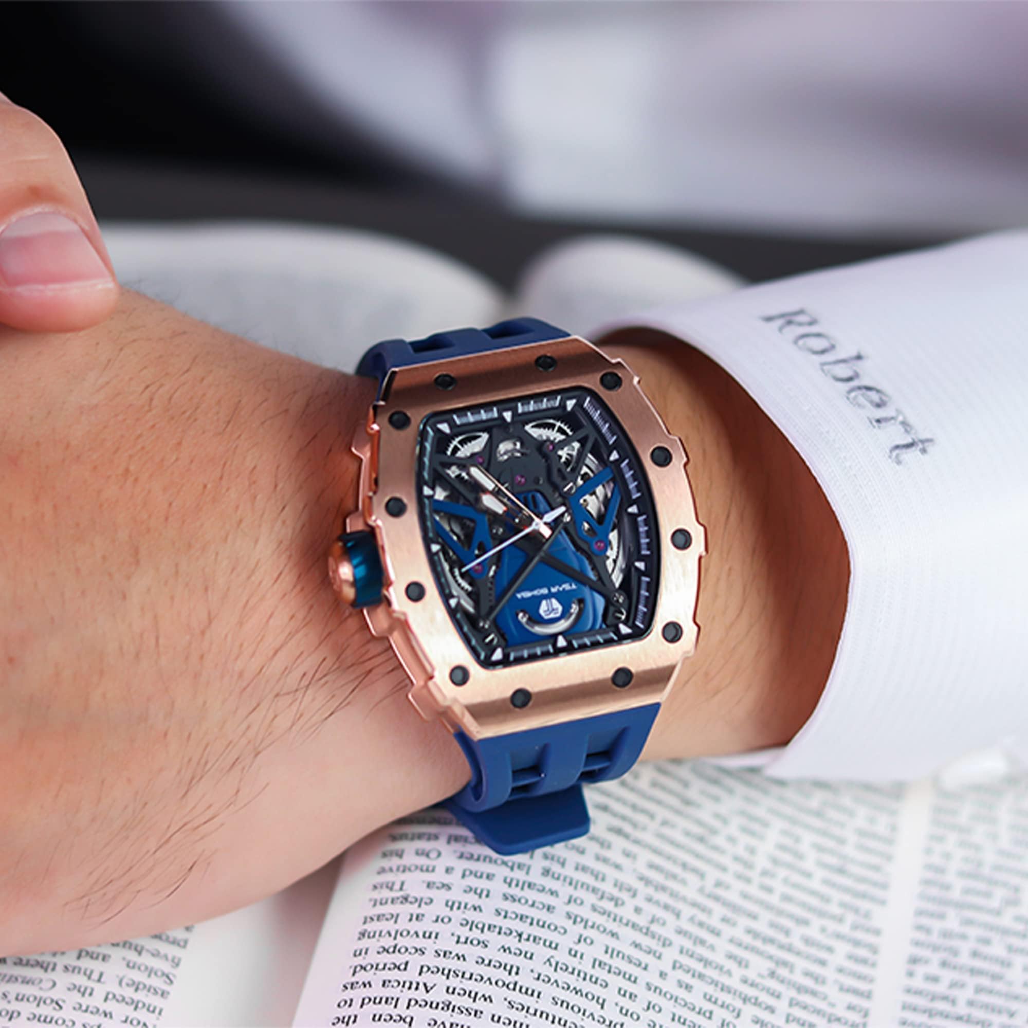 TSAR BOMBA Men's Luxury Automatic Skeleton Watch - Silver Square Big Face with Silicone Strap - 50M Waterproof Analog Wristwatch for Business, Casual & Formal Wear - Unique Cool Gift for Men