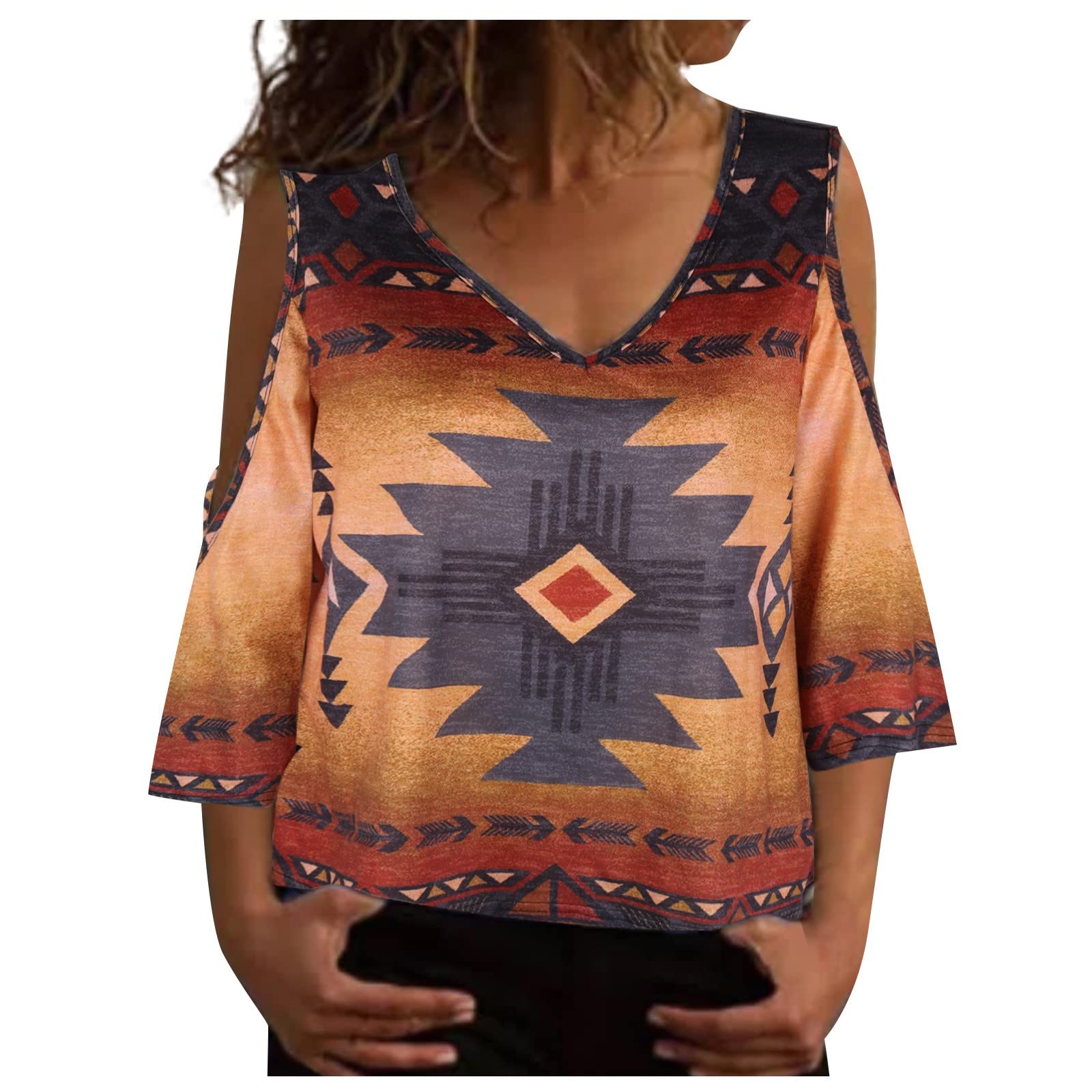 Vintage Print Women's Summer Tops - Casual 3/4 Sleeve V-Neck Loose T-Shirt | Trendy Blouse for Beach, Travel & Everyday Wear