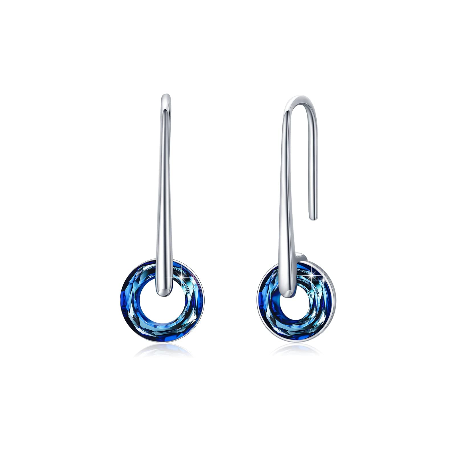 925 Sterling Silver Blue Crystal Dangle Leverback Earrings - Circle Austria Crystal Jewelry for Women & Girls | Elegant Gift for Birthday, Graduation & Special Occasions | Perfect for Parties, Weddings & Evening Events
