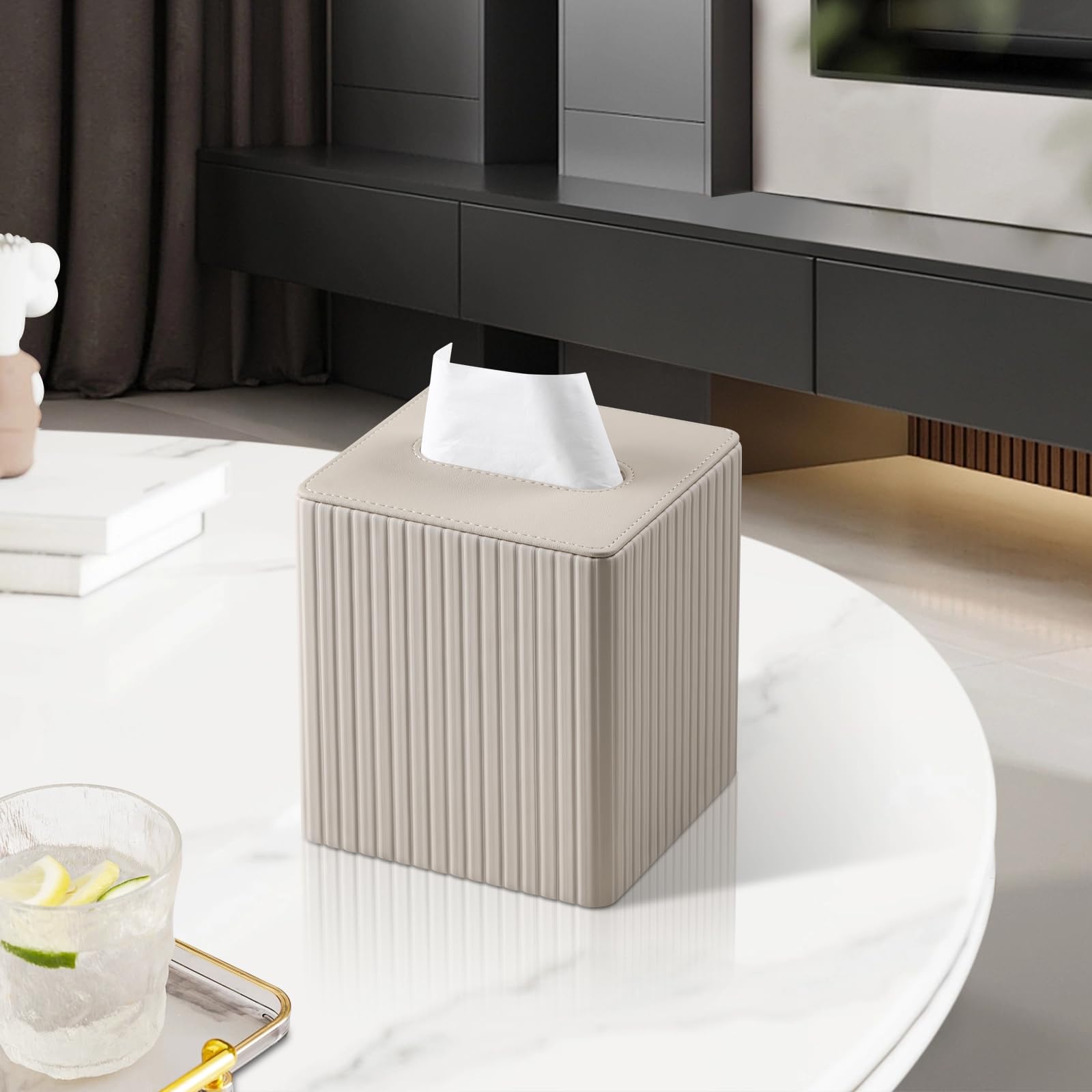 Premium PU Leather Square Tissue Box Cover with Magnetic Closure - Elegant Beige Stripe Design for Home, Office & Car Decor | Water-Resistant & Dustproof Organizer
