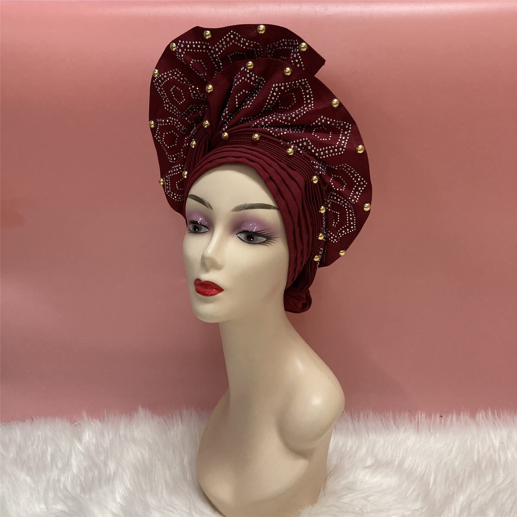 Premium African Head Wrap for Women - Ready-to-Wear Nigerian Gele Headscarf in Burgundy - Elegant Headband & Headtie for Parties, Weddings & Special Occasions