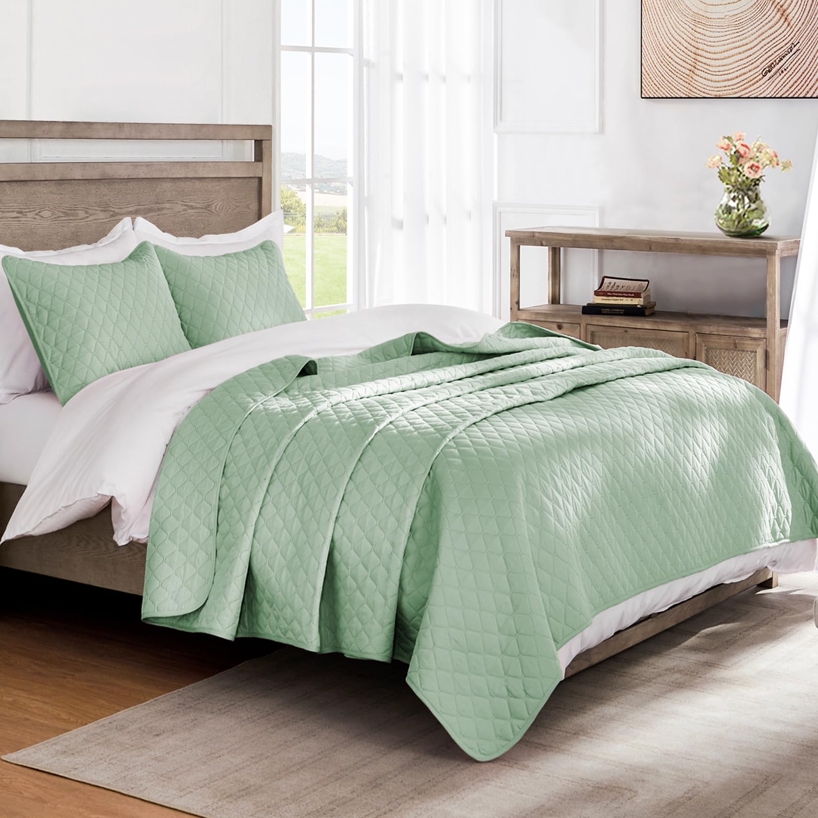 Reversible Ultrasonic Full/Queen Quilt Bedding Set with Pillow Shams - Lightweight All-Season Soft Bedspread Coverlet (Light Green, 90
