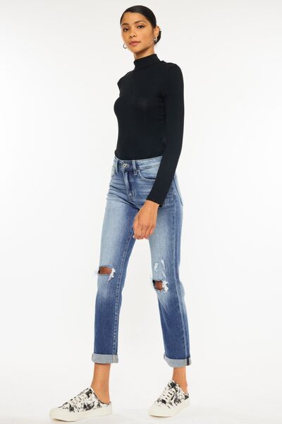 Kancan Women's High Waist Distressed Hem Cropped Straight Jeans - Trendy Denim Pants for Casual Outfits, Street Style & Everyday Wear