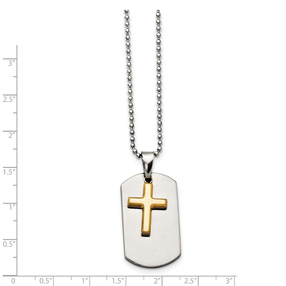 Stainless Steel Polished Dog Tag Necklace with Yellow IP-Plated Brushed Cross - Perfect for Military Style, Gifts, and Everyday Wear