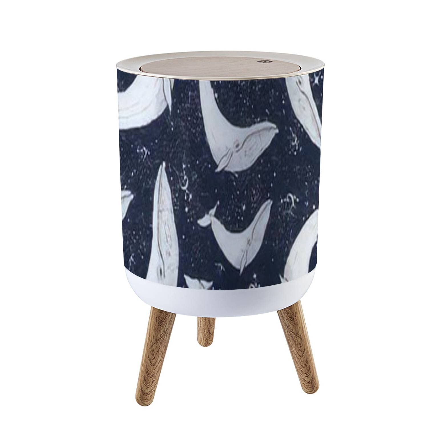 Whale Night Sky Seamless Surreal Black & White Small Trash Can with Wood Legs - Round Press Cover Garbage Bin for Kitchen, Bathroom & Office Waste Disposal - Perfect for Home Decor & Coastal Theme Spaces